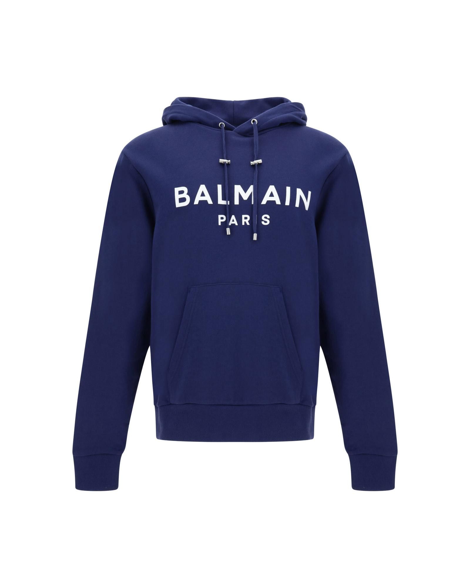 image of Balmain Blue Cotton Hoodie With Monogram Print in Navy Blue, Men's (Size Small)