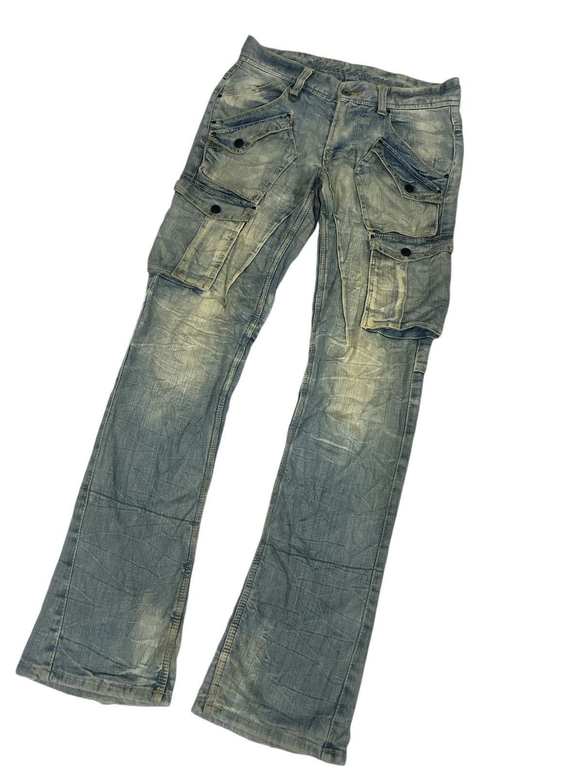 Japanese Brand FLARED🔥THRASHED FADED CARGO DENIM PANT Size US 30 / EU 46 - 4 Thumbnail
