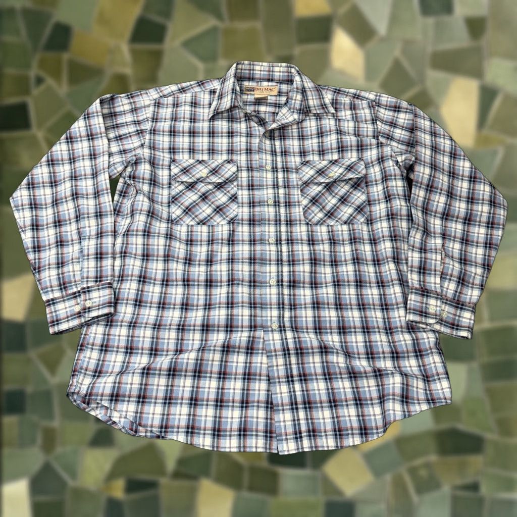VINTAGE Big Mac Shirt Mens M Blue Plaid Workwear Western Button Front