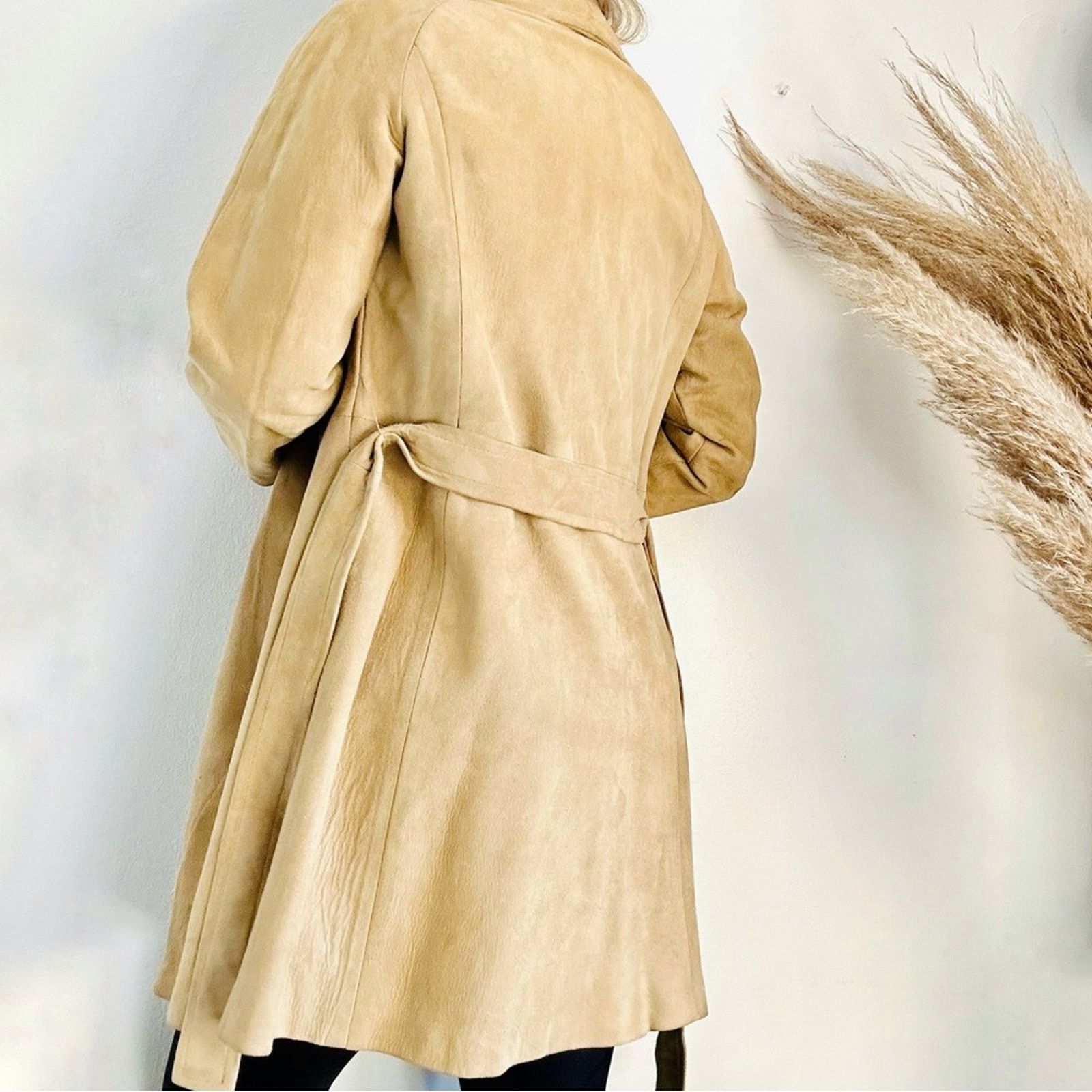 Vintage VINTAGE Beige Tan Camel Suede Leather Trench Coat Tie Jacket Size M / US 6-8 / IT 42-44 - 15 Thumbnail