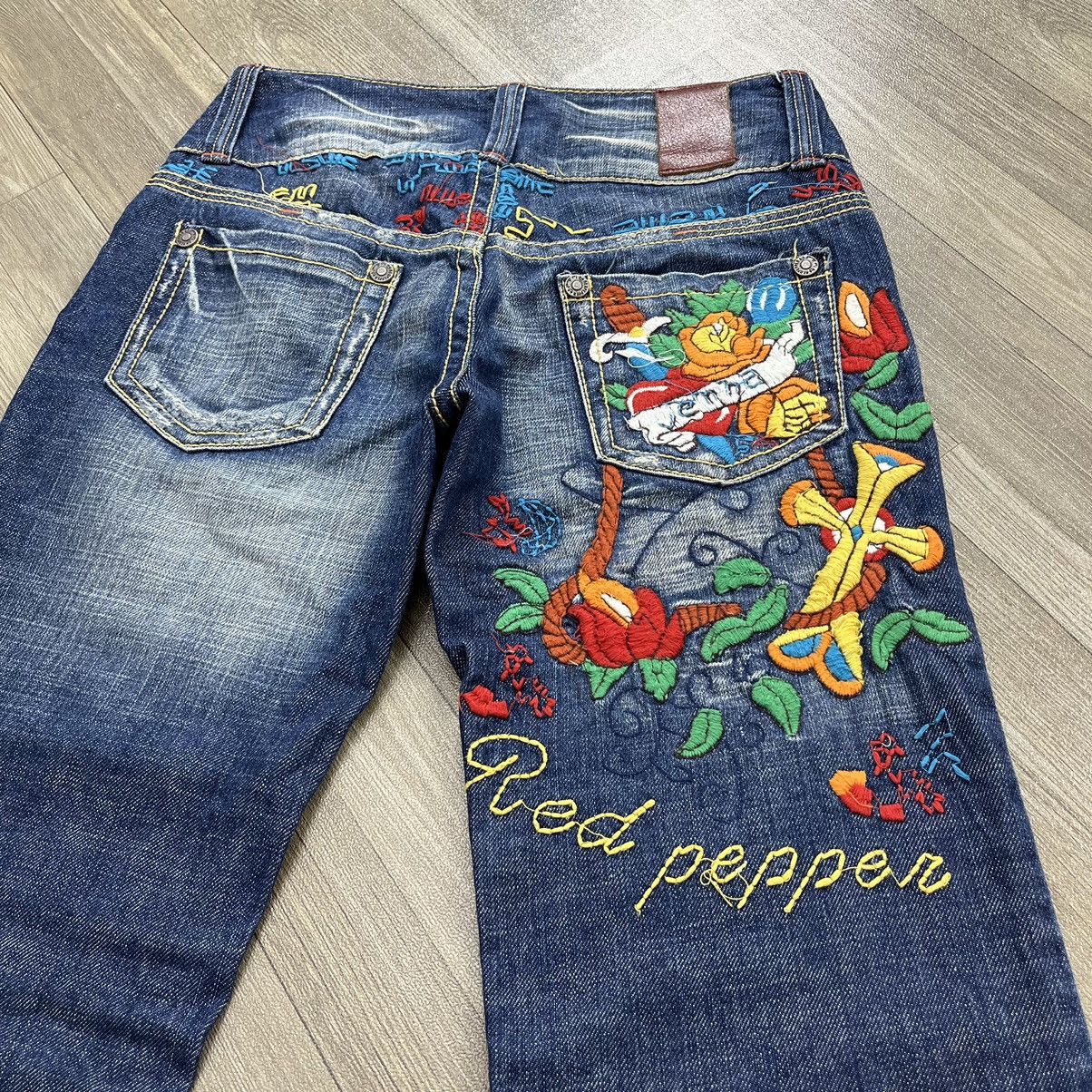 If Six Was Nine × Japanese Brand × Le Grande Bleu (L.G.B.) RedPepper Embroidered Distressed Flared Denim Jeans Bootcut Size 26" / US 2 / IT 38 - 18 Thumbnail