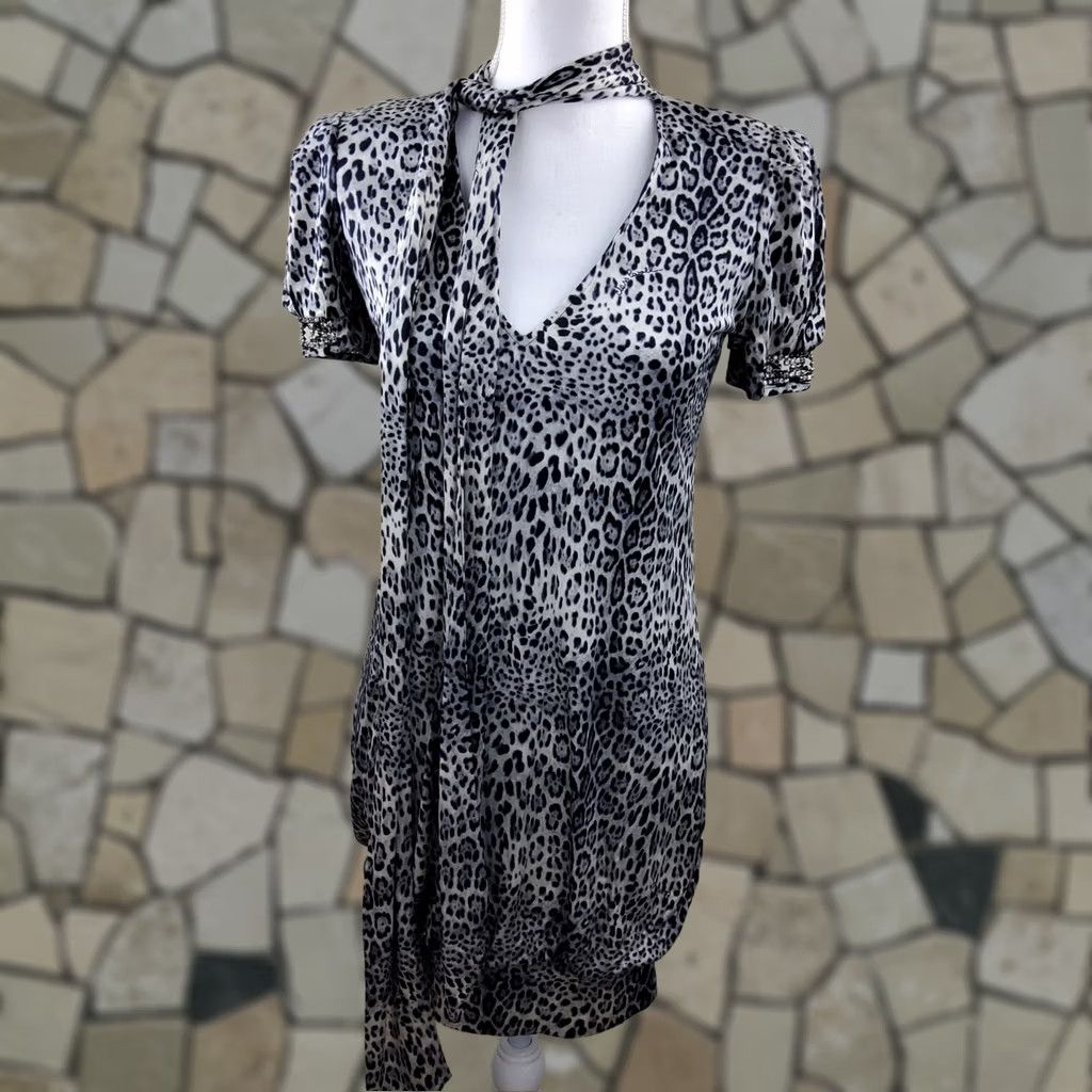 Roberto Cavalli Roberto Cavalli Class Jaguar Print 100% Silk Rhinestone Sleeve Dress Size 40 Multicolor Short V-Neck Womens Night? Size S / US 4 / IT 40 - 1 Thumbnail