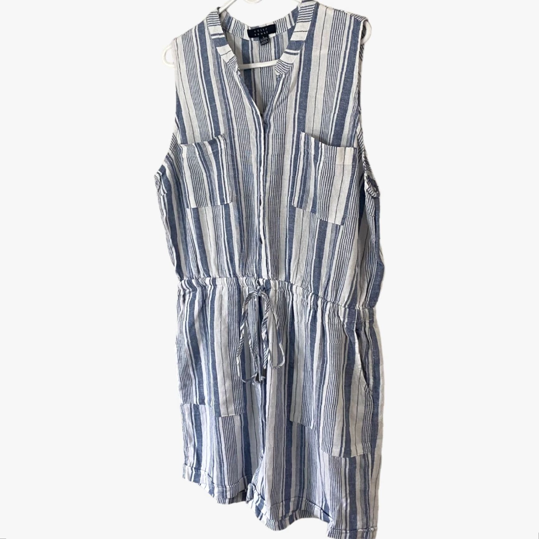 Vintage Kelly Renee Sleeveless Linen Blend Romper Blue White Pockets Women's Large Size 36" / US 14 / IT 50 - 2 Thumbnail