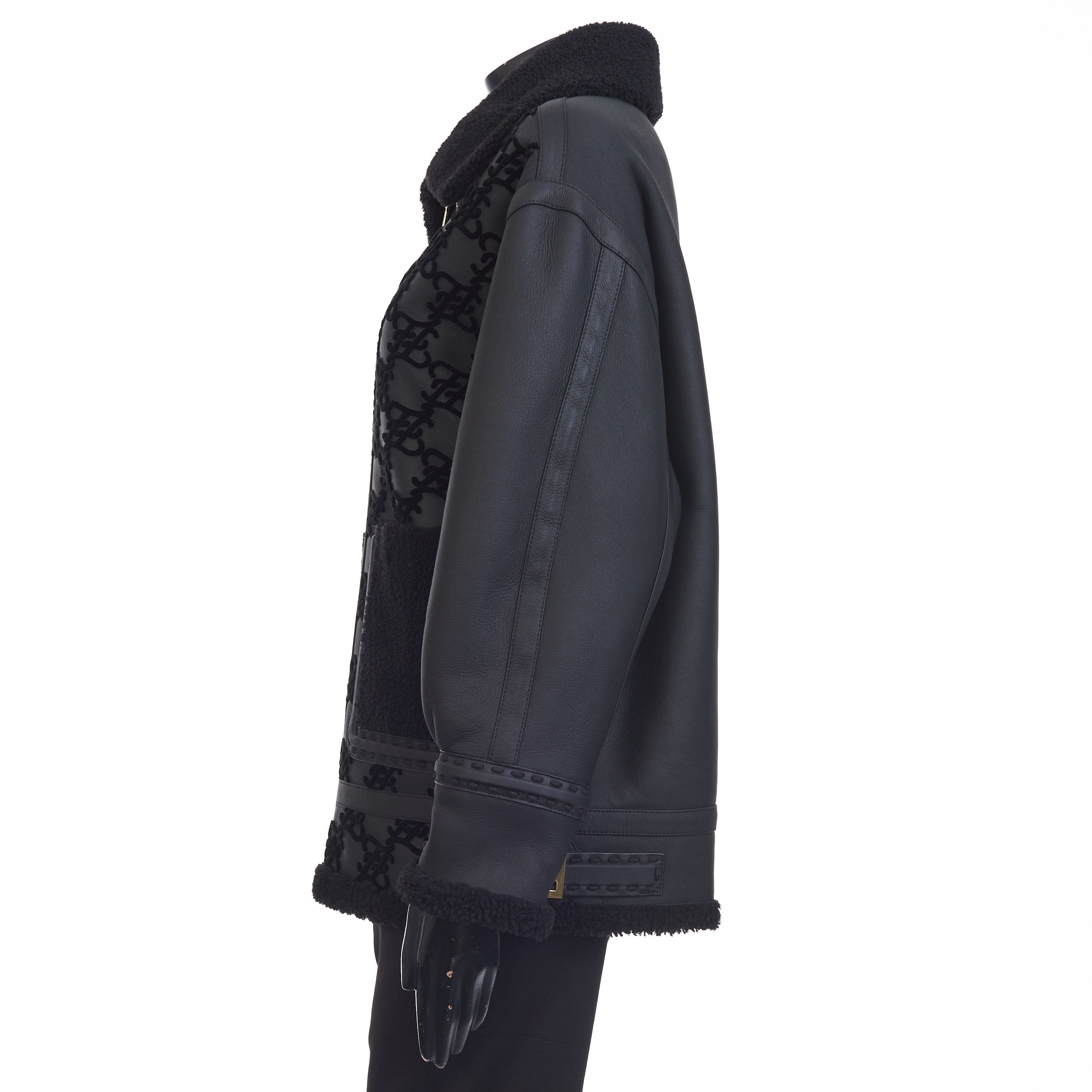 Fendi Black Shearling Jacket - Aviator Style, FF Karligraphy Motif Size M / US 6-8 / IT 42-44 - 4 Thumbnail