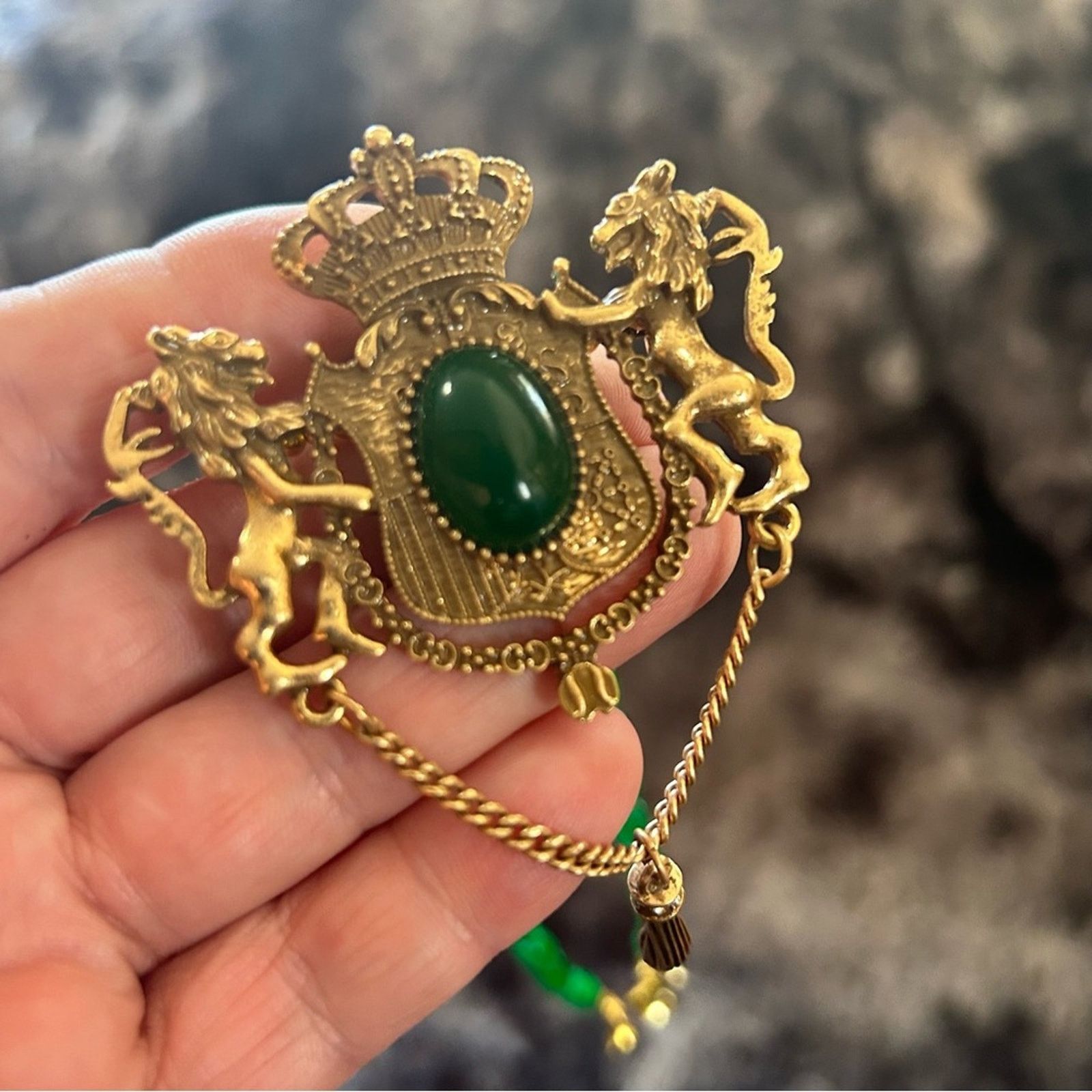 Handcrafted repurpose vintage lion crest jade necklace