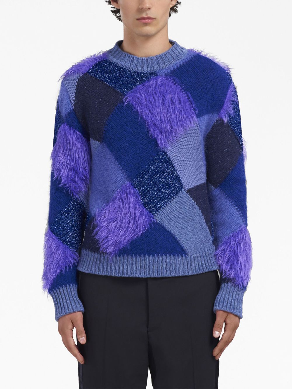 Marni o1w1db10125 Faux-Fur Argyle-Knit Jumper in Blue Size US XL / EU 56 / 4 - 3 Thumbnail