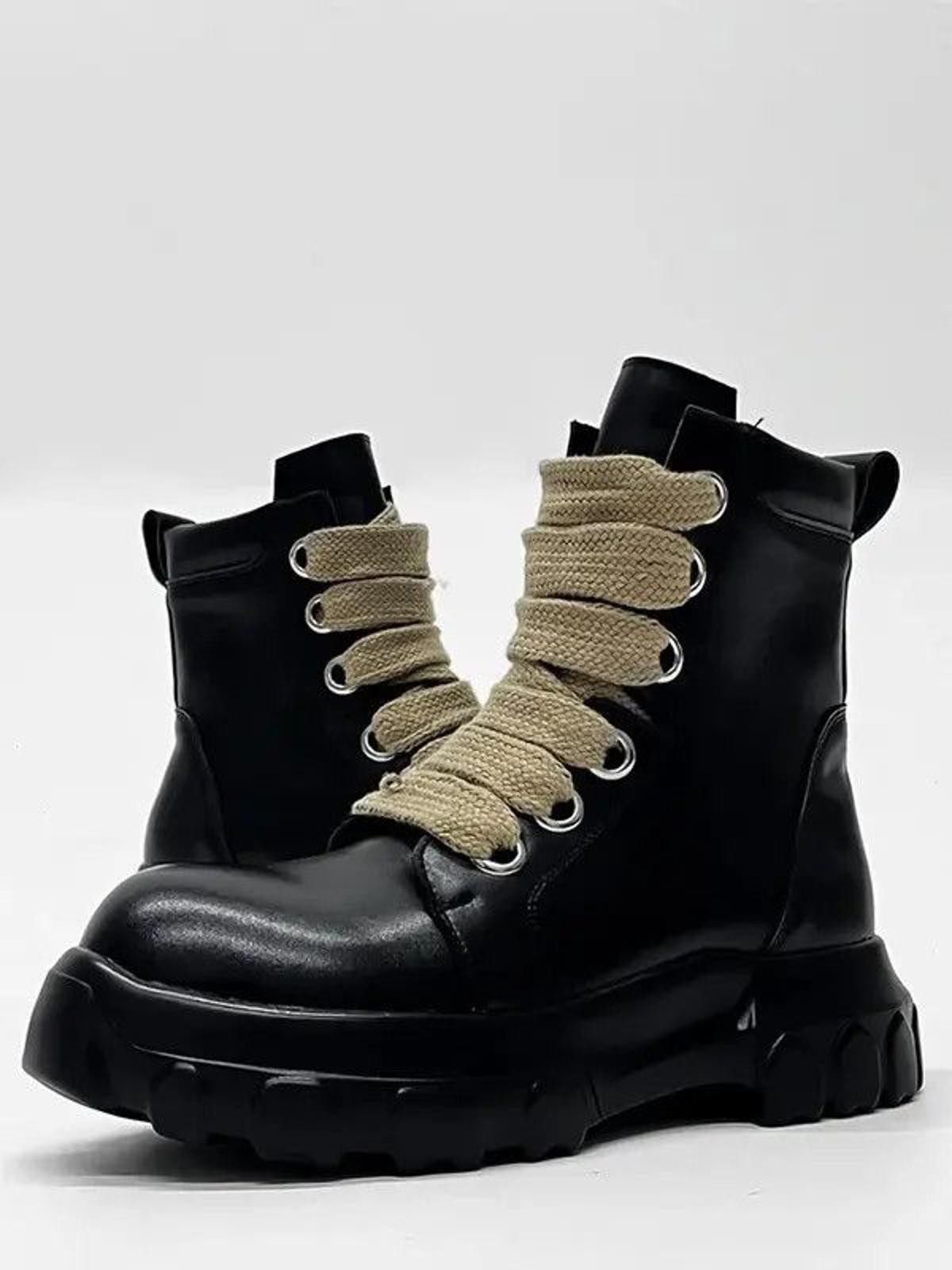Leather Black Chunky Combat Boots with Beige Laces, Platform Boots Size US 9 / EU 42 - 3 Thumbnail