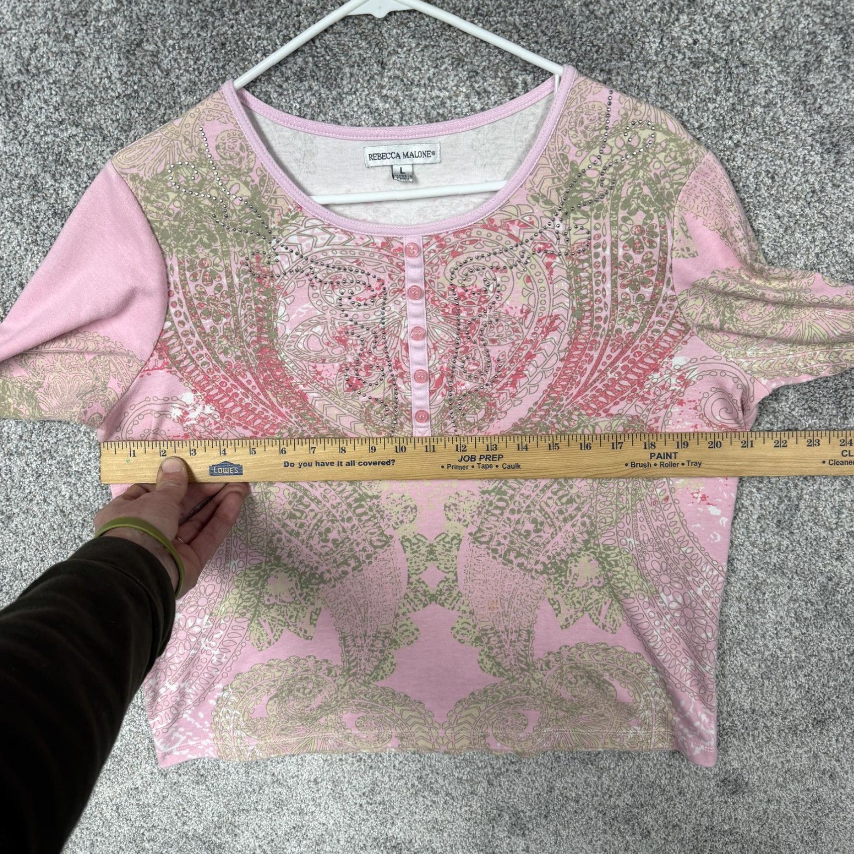 Pinko Rebecca Malone Top Womens L Pink Paisley Embellished Rhinestones Whimsigoth Boho Shirt 3/4 Sleeve Cotton Polyester Scoop Neck Pullover Casual Womens Size L / US 10 / IT 46 - 4 Thumbnail