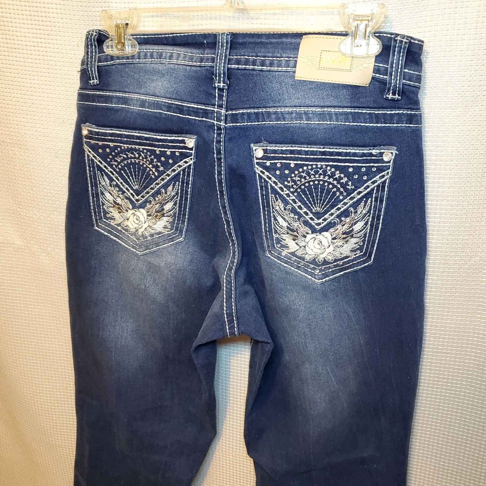 Vintage Vintage Y2K Angel Jeans Flare Dark Wash Bling Pockets Hippie Street 90s Size 28" / US 6 / IT 42 - 2 Thumbnail