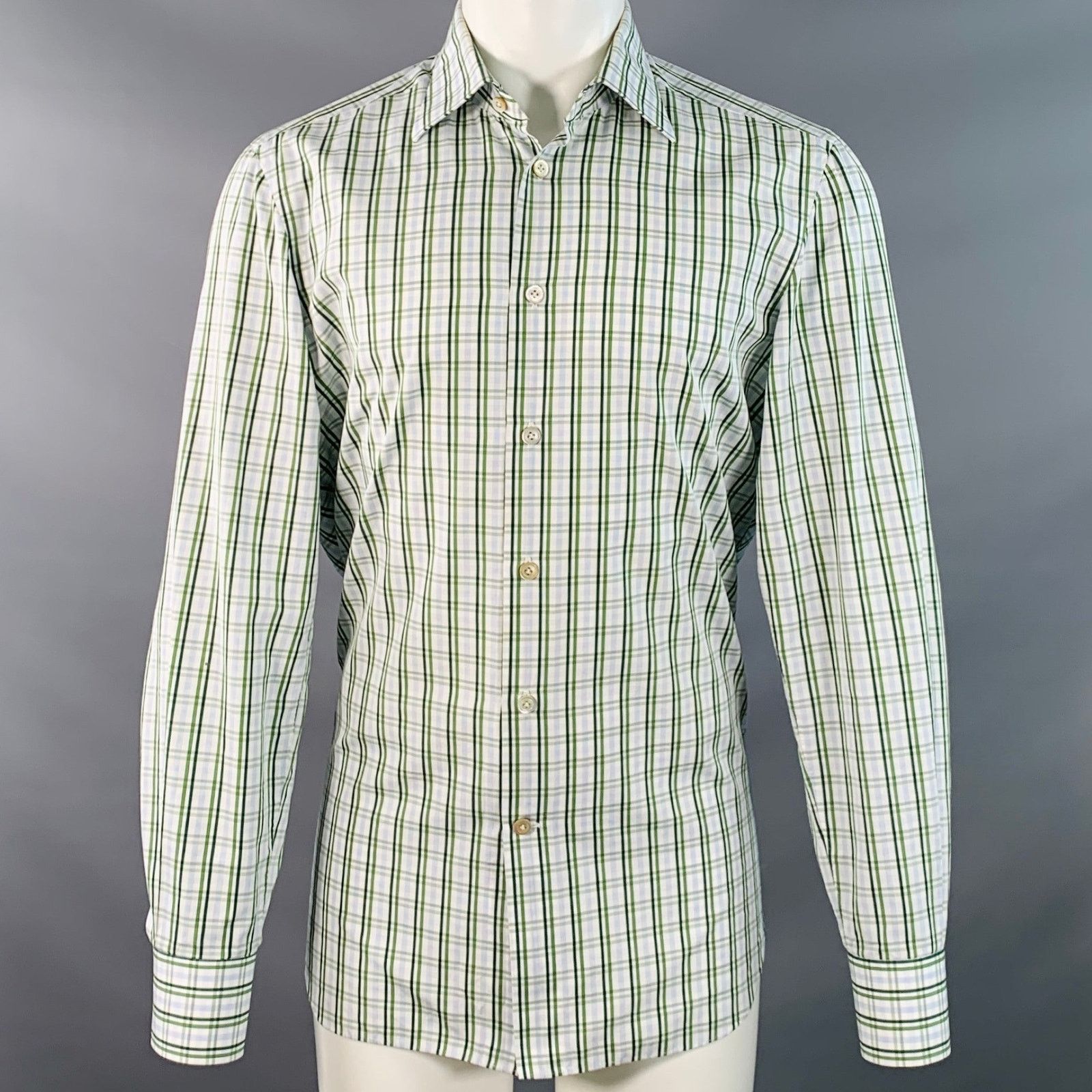 Kiton White Green Plaid Cotton Curved Cutaway Long Sleeve Shirt Size US M / EU 48-50 / 2 - 1 Thumbnail