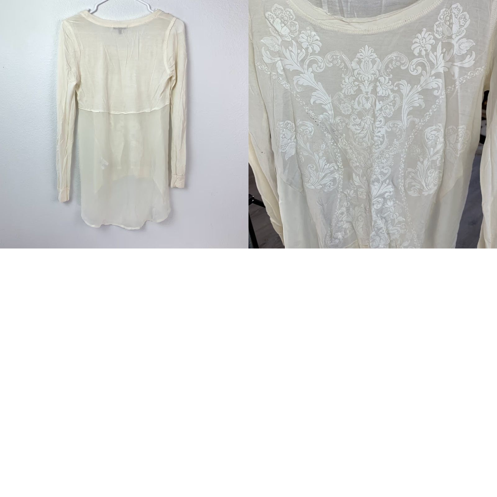 Vintage mnk Women's Ivory Blouse Long Sleeve Sheer High-Low Tunic Size S Boho Embroidered Crew Neck Mens Women Girls (Gender: Womens) Size S / US 4 / IT 40 - 8 Thumbnail