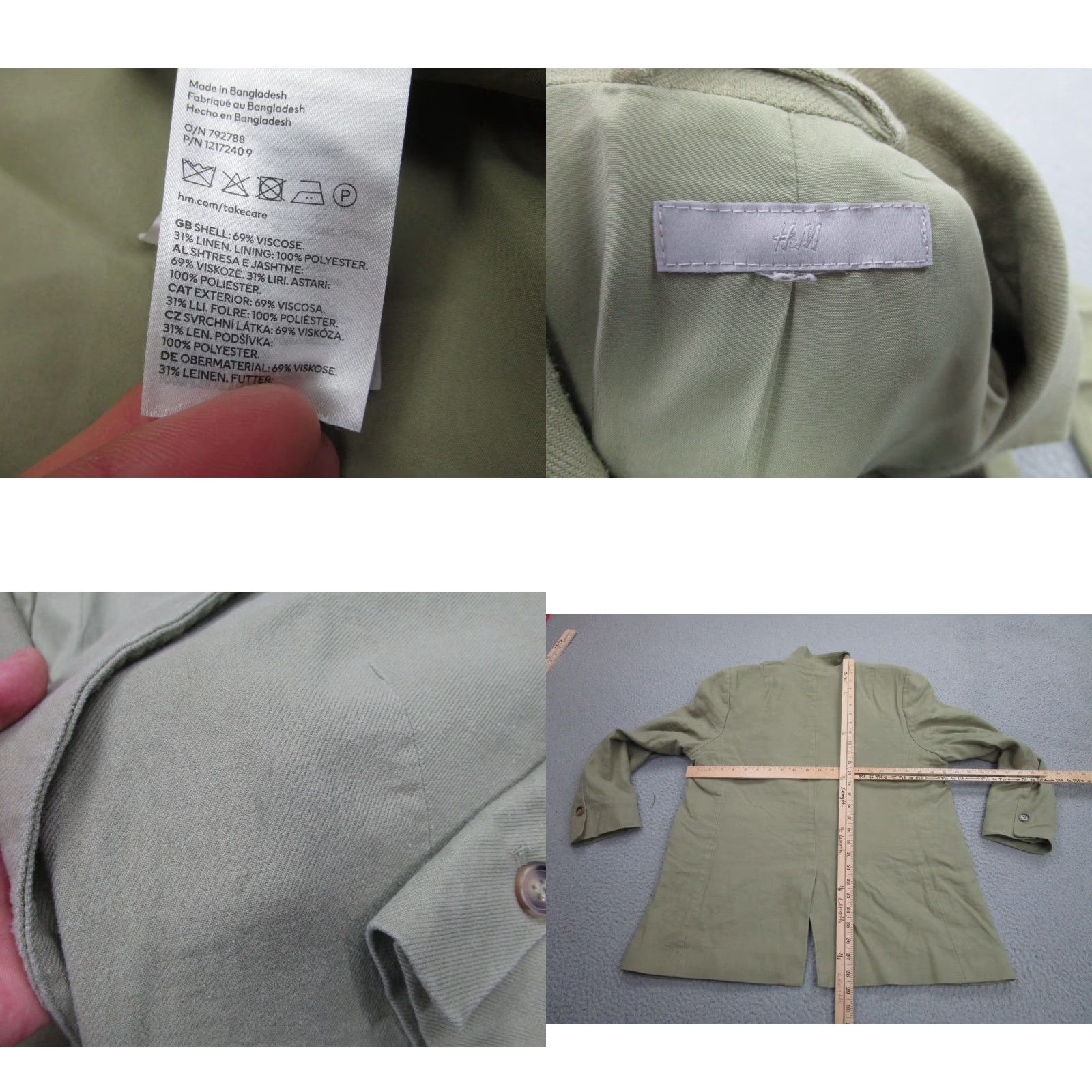 H&M H&M Blazer Mens L Linen Jacket Coast Travel Preppy Notch Lapel Slim 2 Piece Olive Green/Olive Beige Green Solid Size 42R - 8 Thumbnail