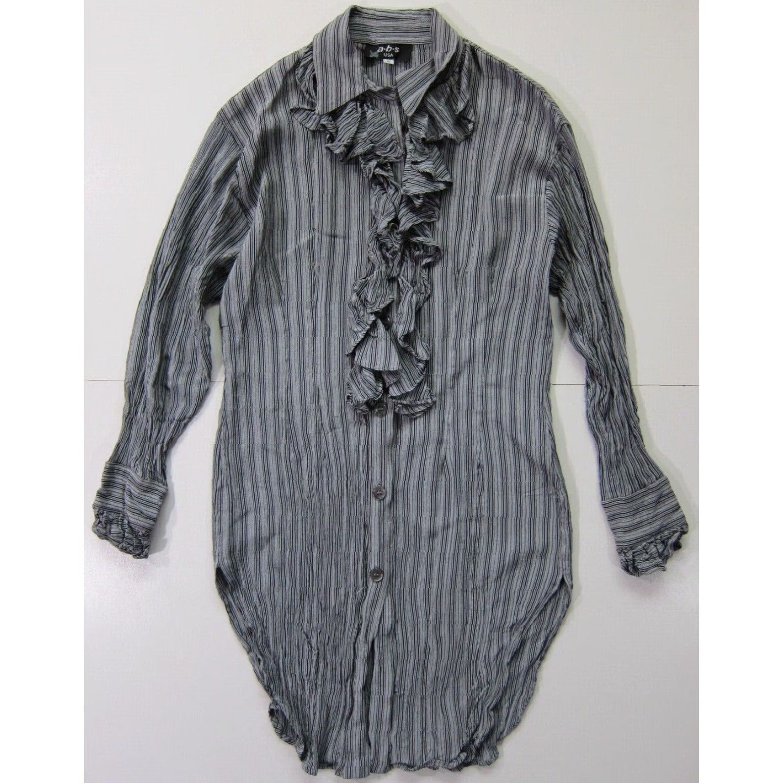 Vintage a.b.s USA Rayon Grey Black Stripe Ruffle Neck Long Sleeve Blouse Women S Size S / US 4 / IT 40 - 8 Thumbnail