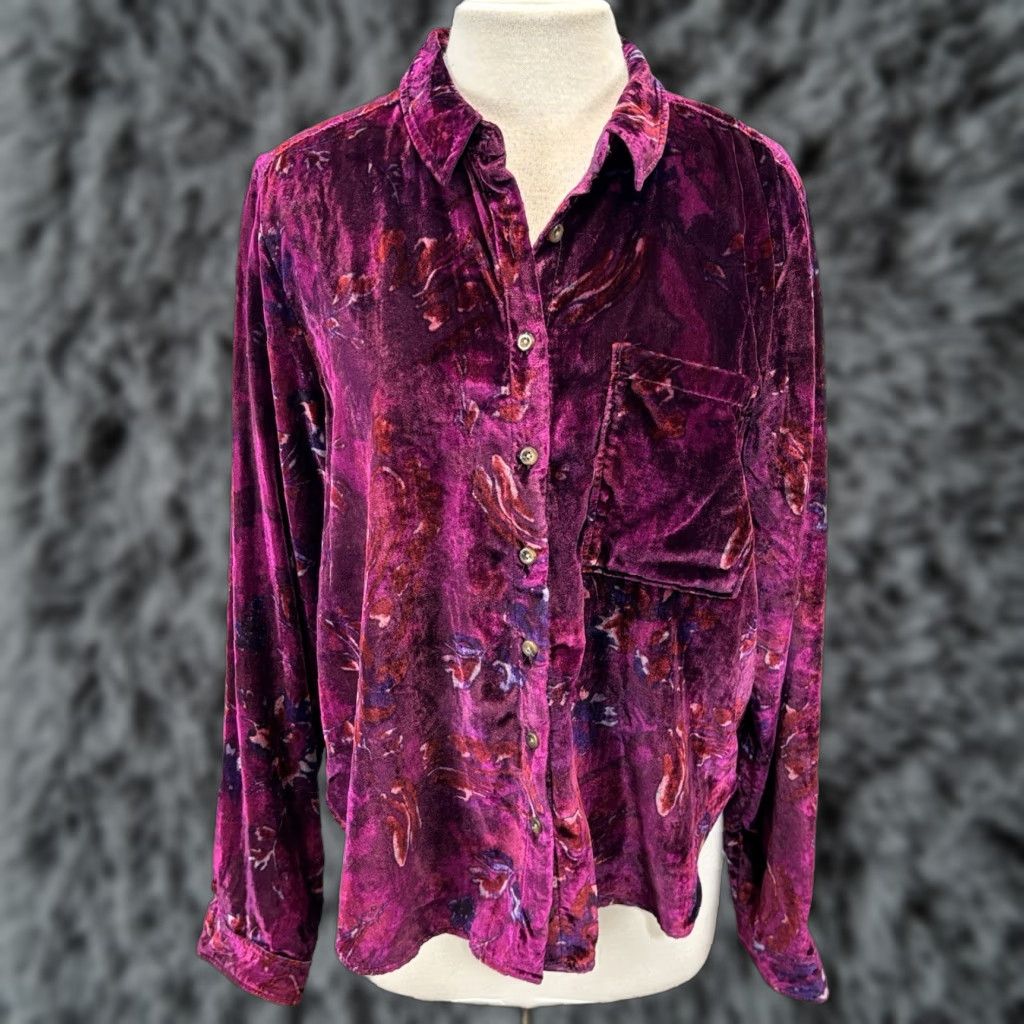 Anthropologie Pilcro Anthropologie Shrunken Velvet Buttondown Top Pink Purple Women’s XL Bohemian Gothic Size XL / US 12-14 / IT 48-50 - 1 Thumbnail
