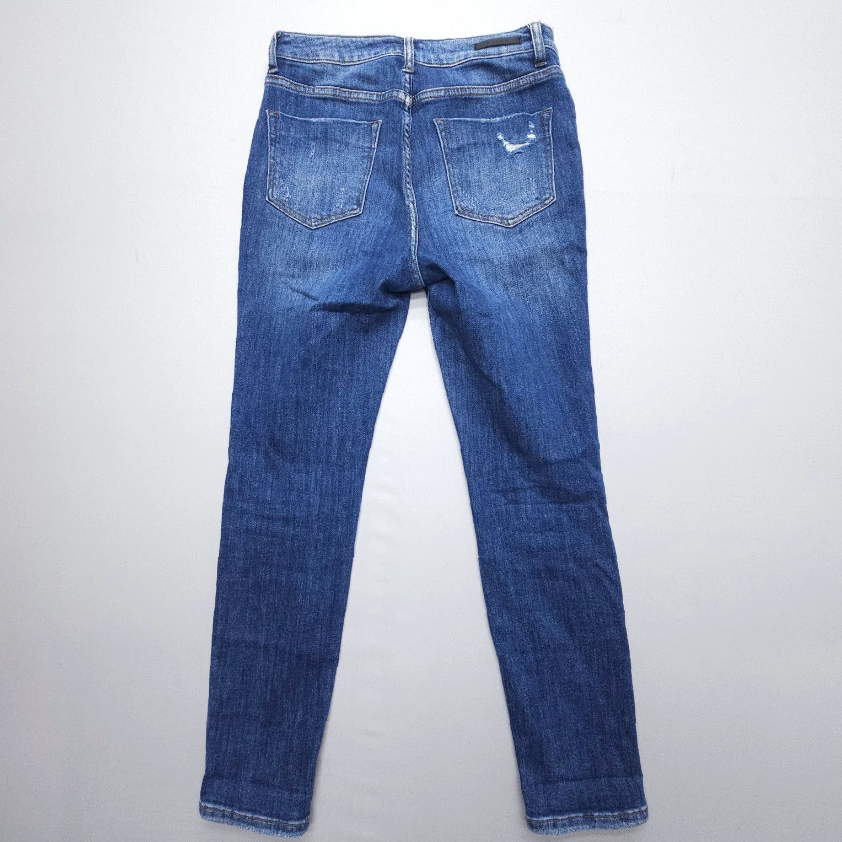 Vintage Risen Jeans Womens 28 High Rise Button Fly Distressed Straight Dark Wash Denim Blue 5-Pocket Stretch Size 28" / US 6 / IT 42 - 2 Thumbnail