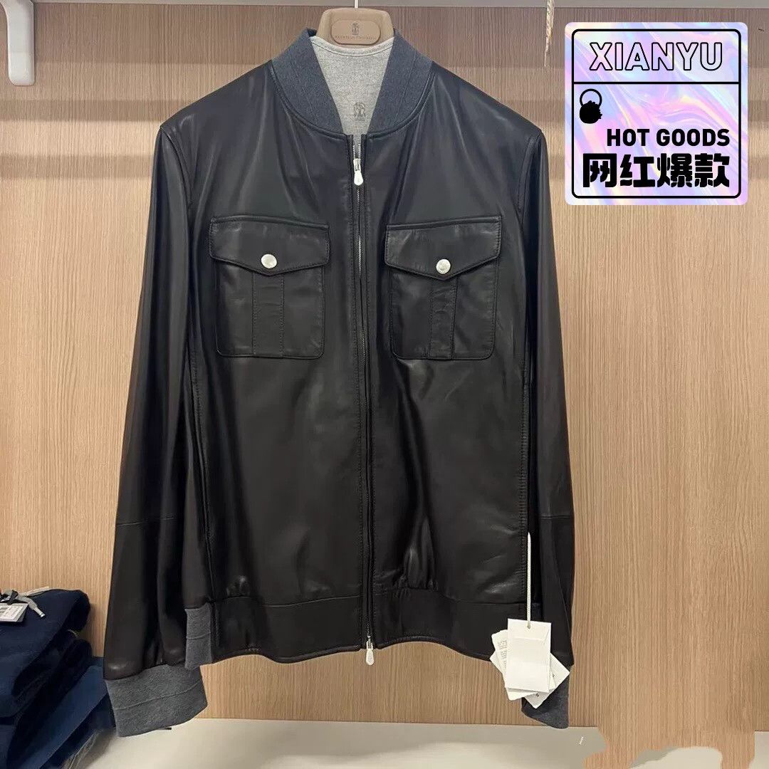 Brunello Cucinelli black lambskin jacket with gray knit collar Size US M / EU 48-50 / 2 - 1 Thumbnail
