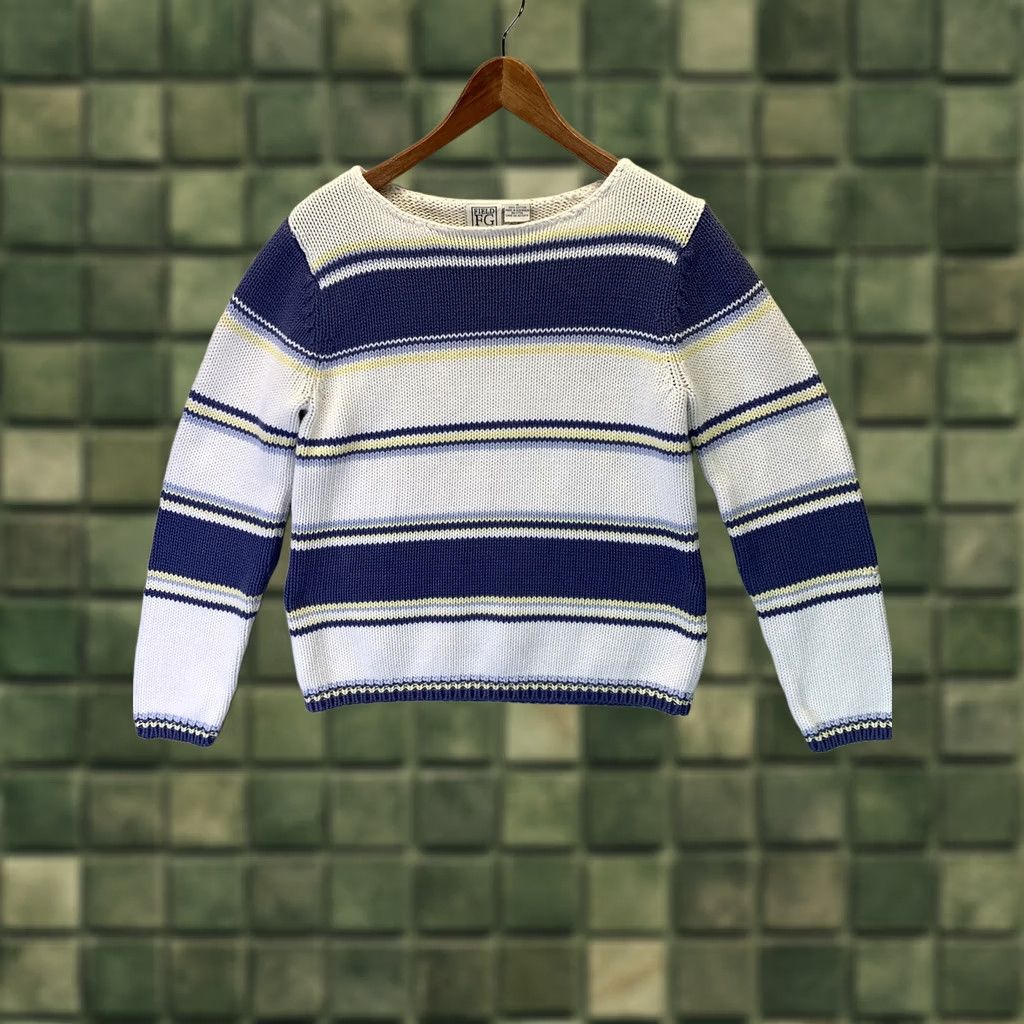 Vintage Field Gear Women’s S Knit Sweater Main Selling Point Blue/White/Yellow Stripe Pullover Cotton 100% Knits Size S / US 4 / IT 40 - 1 Thumbnail