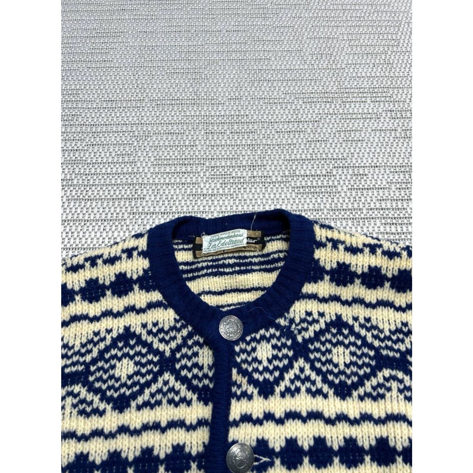 Vintage Vtg Fur Edeltraud Sweater Womens Large Yellow Blue Wool Knit Cardigan Size L / US 10 / IT 46 - 2 Thumbnail