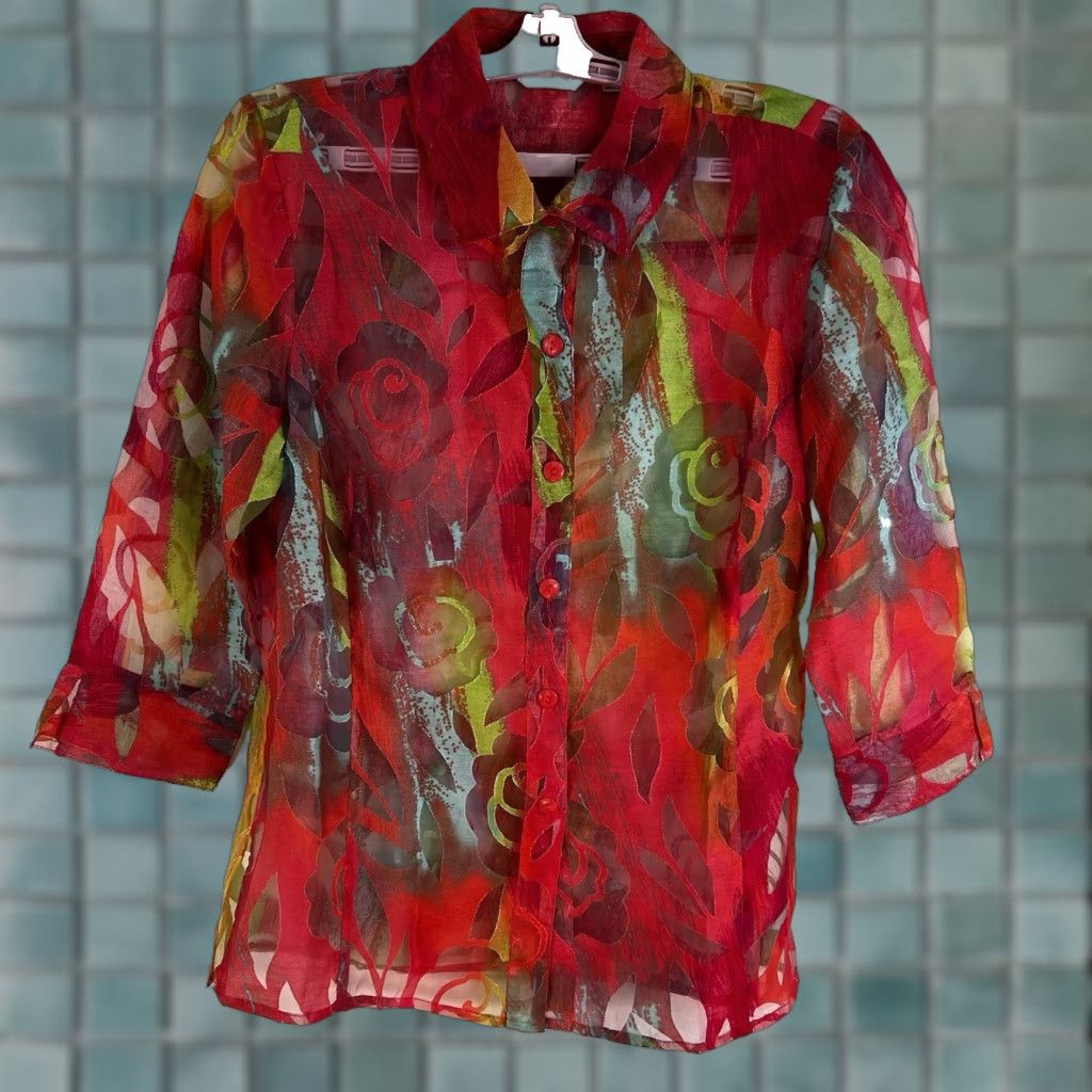 Vintage Erin London Blouse Button-Up Floral Linen Blend Shear Red Size 8 Size M / US 6-8 / IT 42-44 - 1 Thumbnail