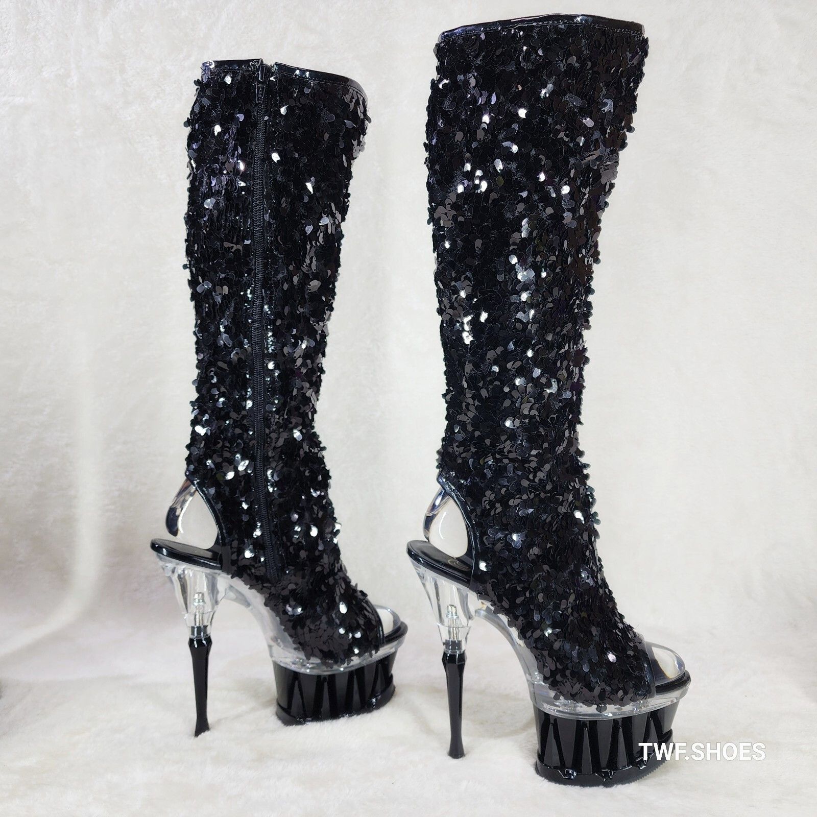 Other Pleaser Spiky Black Sequin Knee Boots Spiked Design Platform Size US 12 / IT 42 - 4 Thumbnail