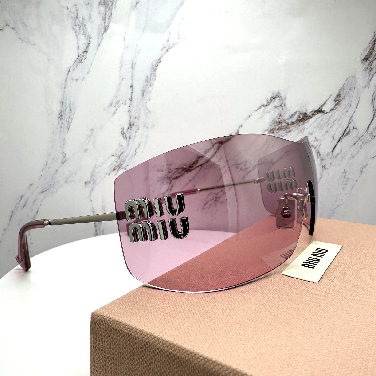 Miu Miu New MIU MIU Sunglasses Silver Pink Mirror Rimless Wrap Size ONE SIZE - 19 Thumbnail