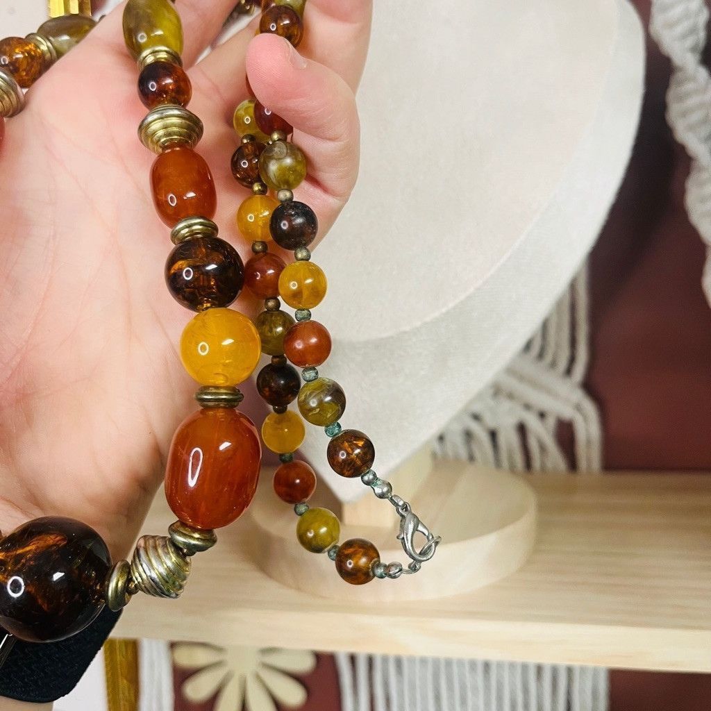 Jewelry Boho Acrylic Beaded Necklace Red Brown Yellow Chunky Beads Size ONE SIZE - 5 Thumbnail