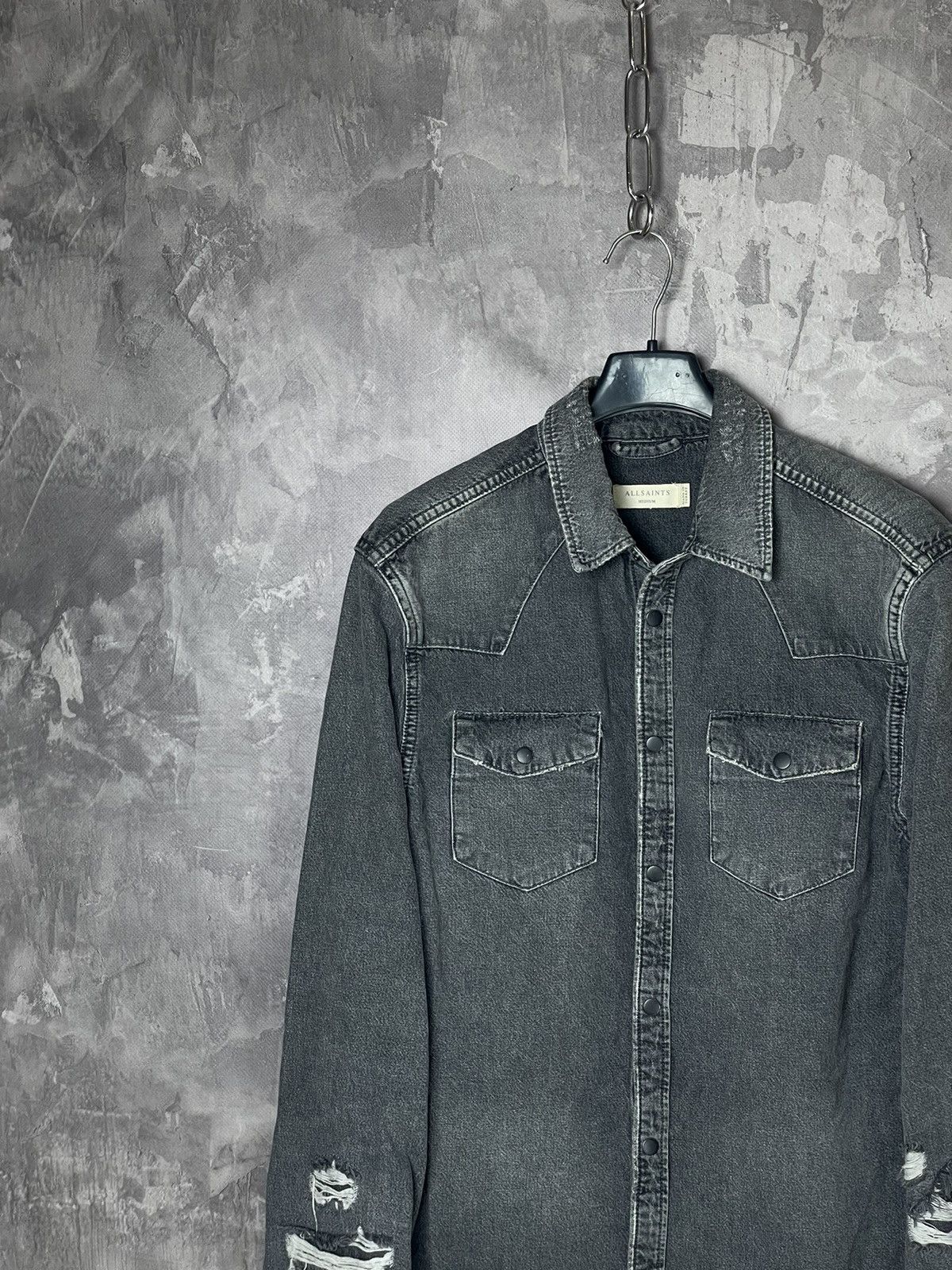 Allsaints AllSaints Denim Distressed Faded Grey Y2K overshirt buttonup Size US M / EU 48-50 / 2 - 3 Thumbnail