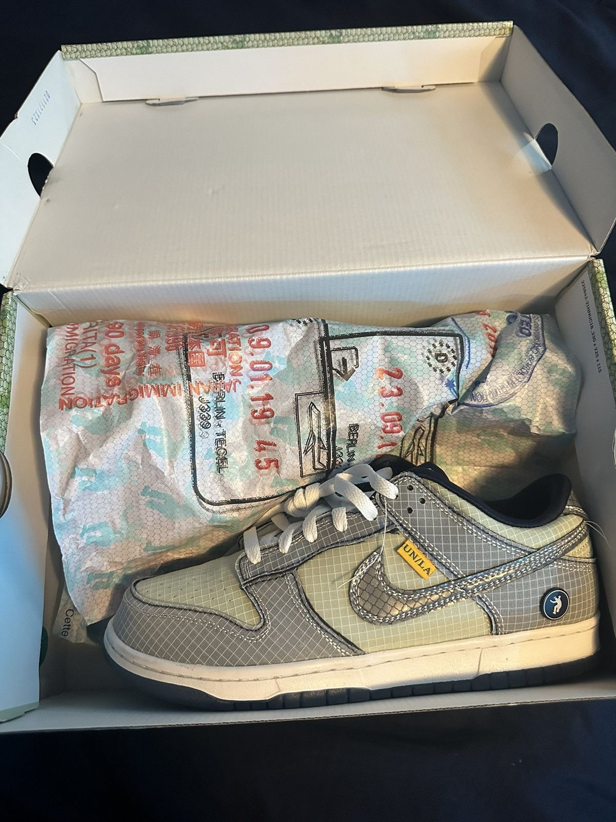 image of Union Passport Dunks Shoes in Grey, Men's (Size 8)