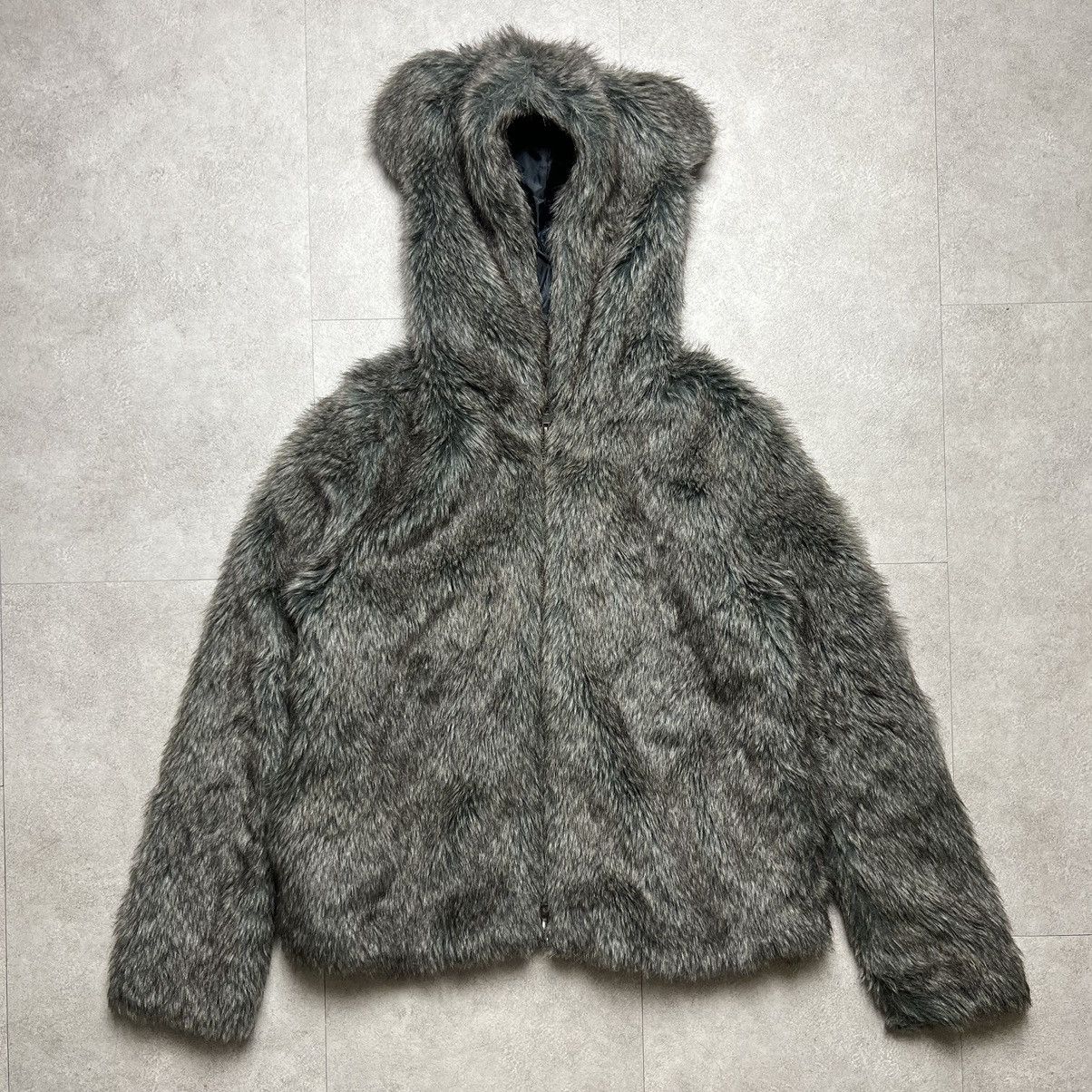image of Ne Net Faux Fur Bear Ear.zip Hoodie in Grey, Men's (Size Medium)