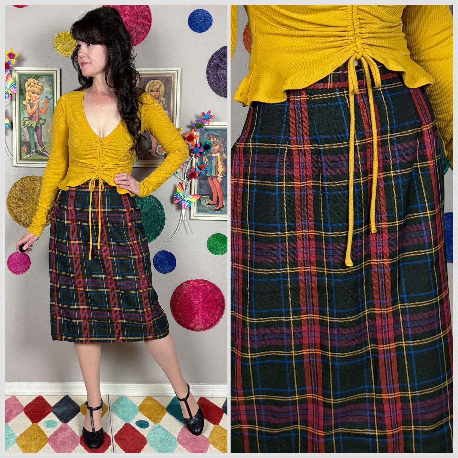 Bill Blass × Vintage Vintage 1980s Green Tartan Plaid Pencil Skirt Size 28" / US 6 / IT 42 - 1 Thumbnail