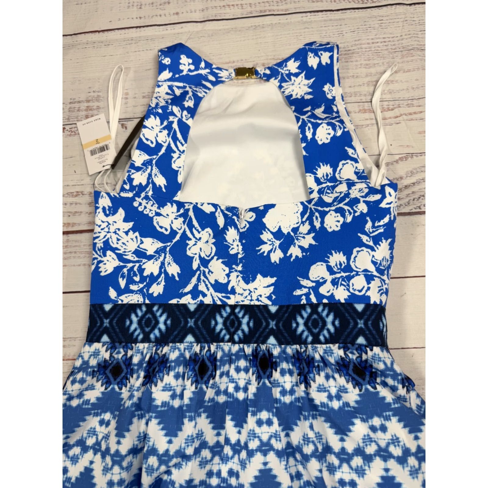 Vintage Cynthia Steffe Blue Floral Mosaic Fit & Flare Long Dress Open Back Sz 2 NWT Size XS / US 0-2 / IT 36-38 - 6 Thumbnail