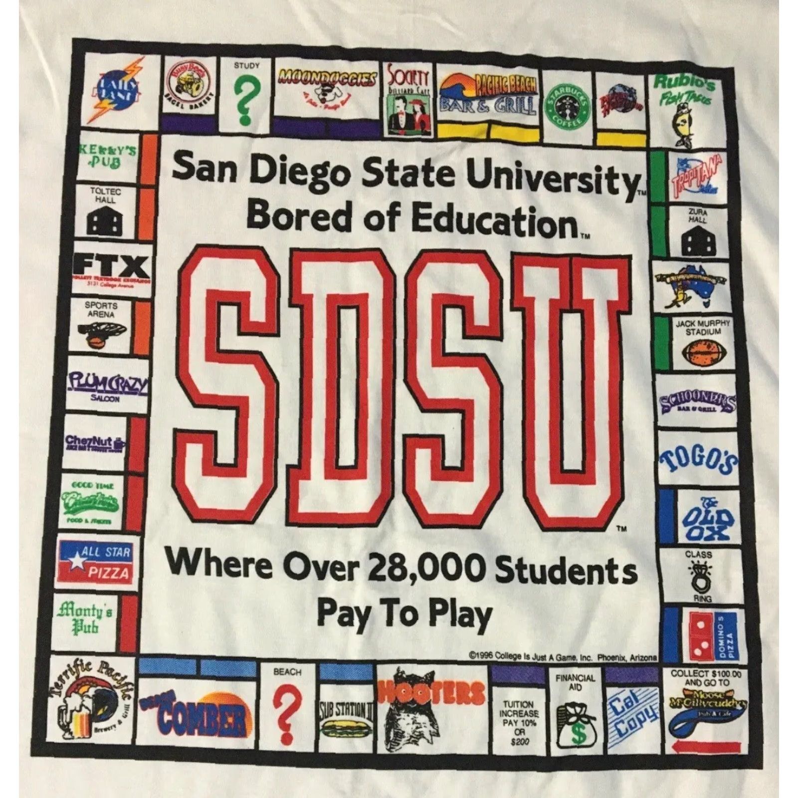 Vintage VINTAGE San Diego State University Shirt XL White Monopoly Bored Of Education 90s 80s Parody College University SDSU Mens Graphic Tee Size US XL / EU 56 / 4 - 3 Thumbnail