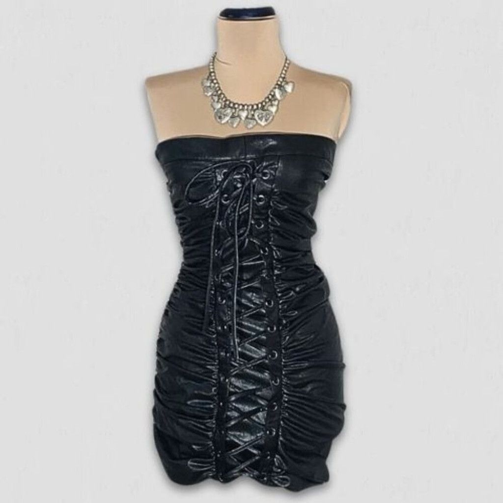 Forever 21 Lace-Up Tube Mini Dress Corset Strapless Leather Black sz S Size S / US 4 / IT 40 - 1 Thumbnail
