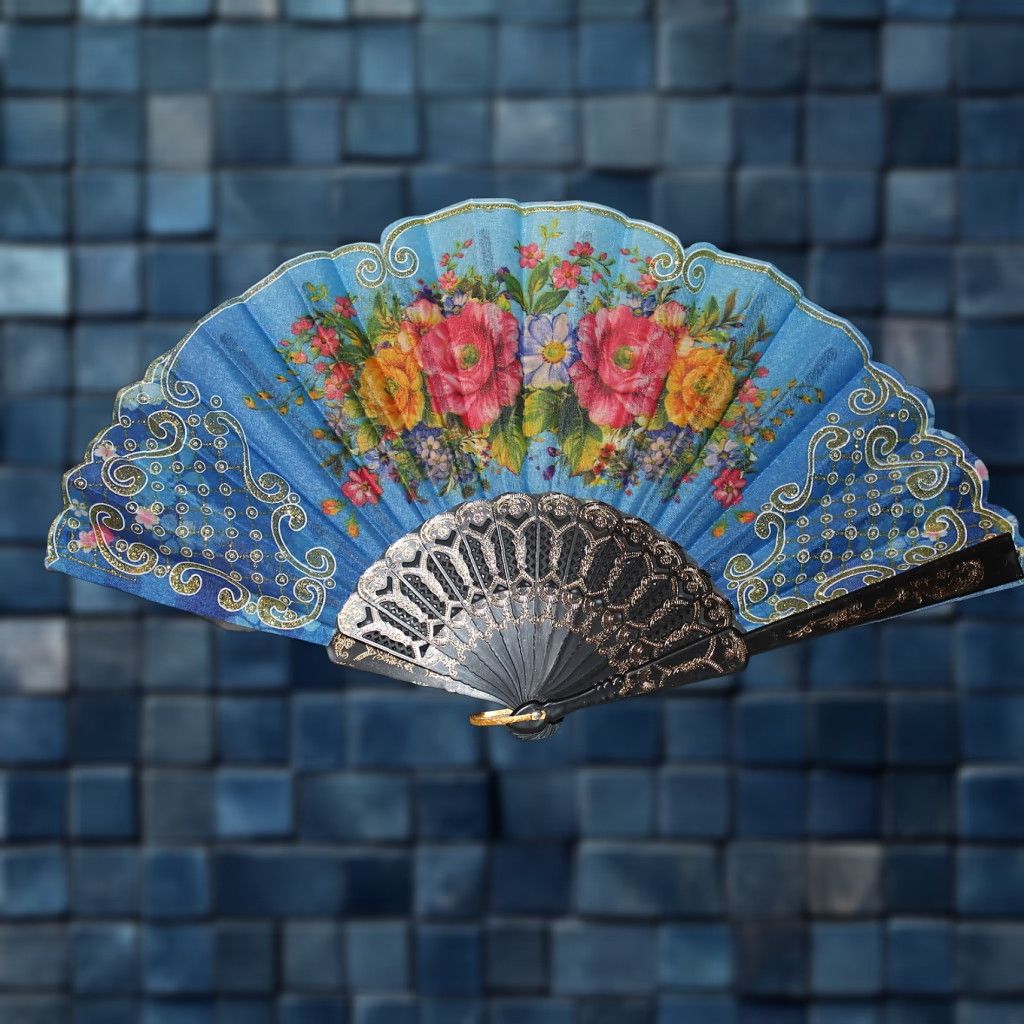 Vintage Vintage Hand Fan with Flowers, Small Blue Handheld Fan, 16 Inches, Wedding Decor, Party Accessory Size ONE SIZE - 1 Thumbnail