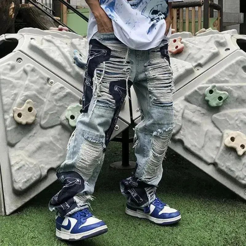 Japanese Brand Spring Autumn Men's Pants Scraped Patchwork Embroidery Denim Size US 32 / EU 48 - 3 Thumbnail