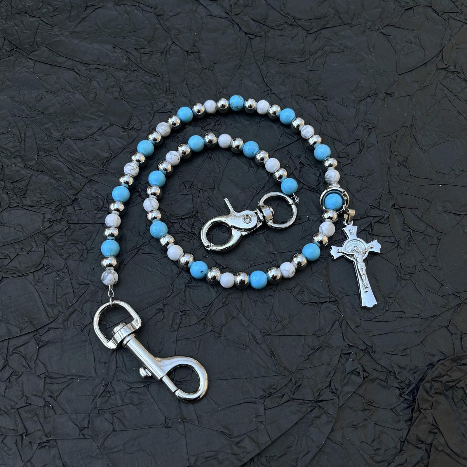 Jewelry Blue Beaded Cross Wallet Chain, Belt Chain, Pants Chain Size ONE SIZE - 5 Thumbnail