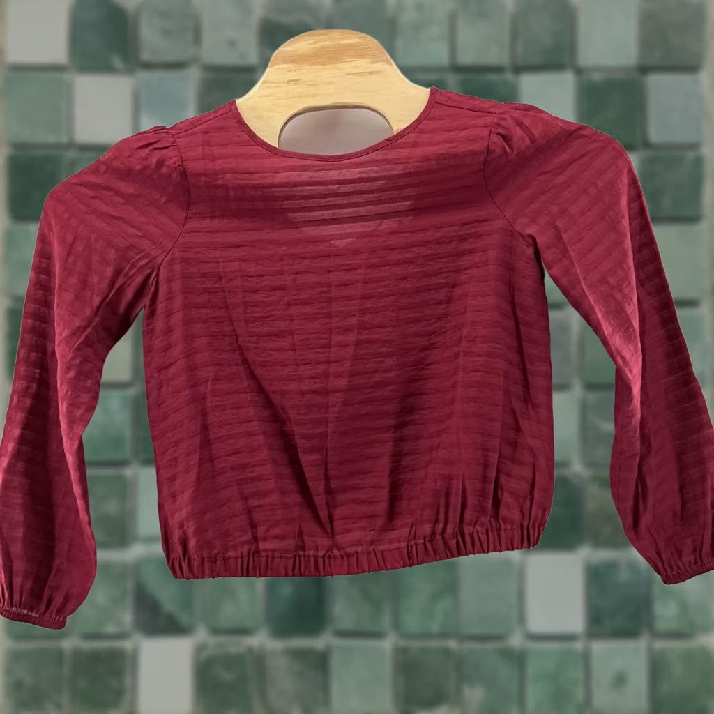 Loft VINTAGE LOFT Blouse Womens XS Petite Red Textured Stripe Long Sleeve Elastic Hem Top Size XS / US 0-2 / IT 36-38 - 1 Thumbnail
