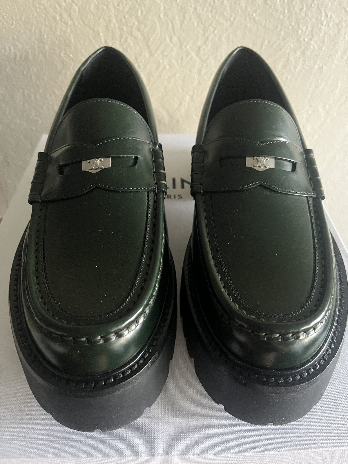 Celine × Hedi Slimane Celine Polished Bull Penny Loafers Green Chunky Leather Size US 9.5 / EU 42-43 - 9 Thumbnail