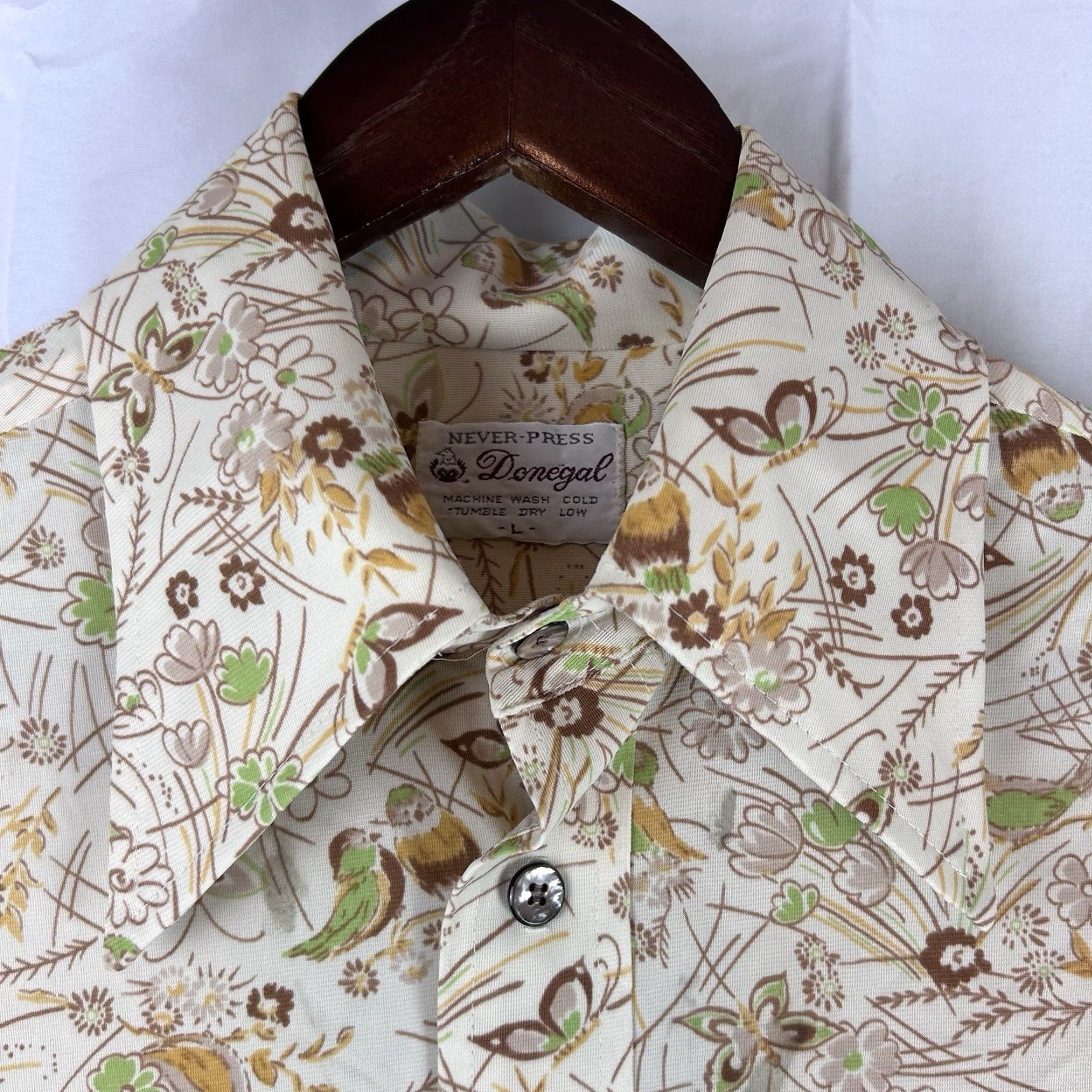 Vintage VINTAGE Donegal Never Press Spear Point Long Sleeve Shirt Large Bird AOP Beige M Mens Women Boys Girls Blocked? Size US M / EU 48-50 / 2 - 3 Thumbnail