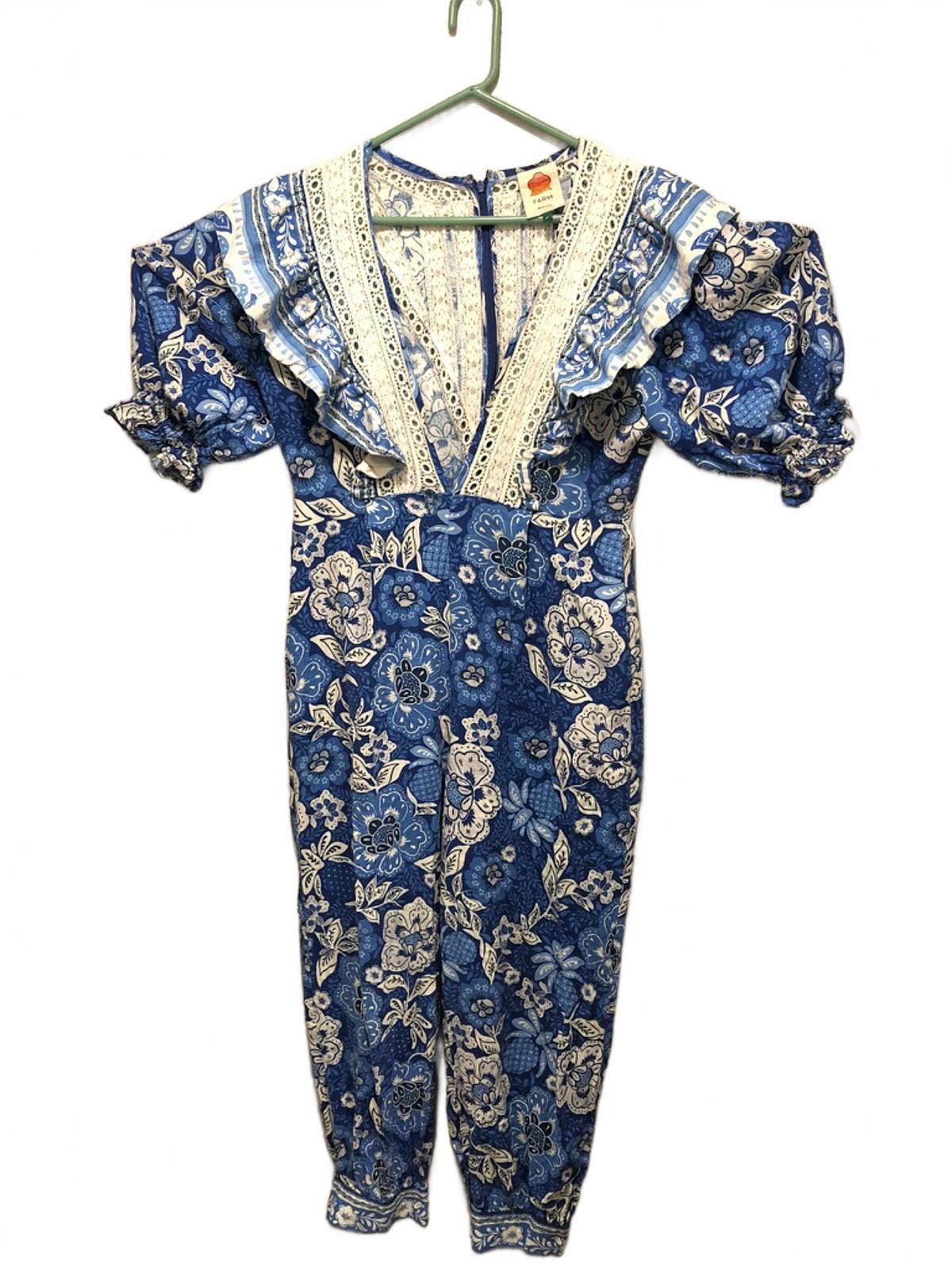 Farm Rio FARM Rio Full of Flowers Blue Floral Lace Jumpsuit M Boho Size 32" / US 10 / IT 46 - 2 Thumbnail