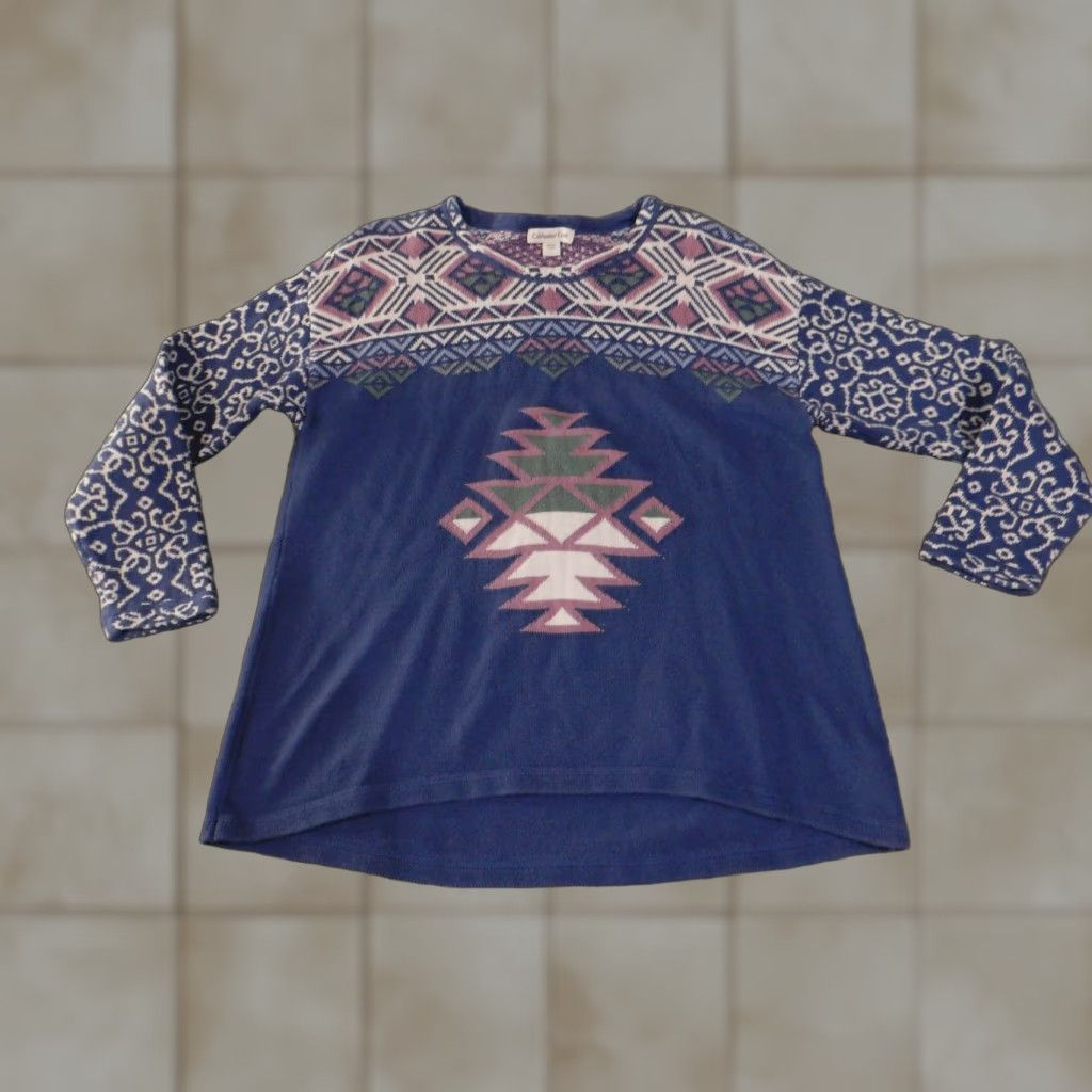 Coldwater Creek Coldwater Creek Sweater Womens Large Blue Multicolor Aztec Geometric Knit Crew Neck Long Sleeve Pullover Casual Winter Spring Fall Size L / US 10 / IT 46 - 1 Thumbnail