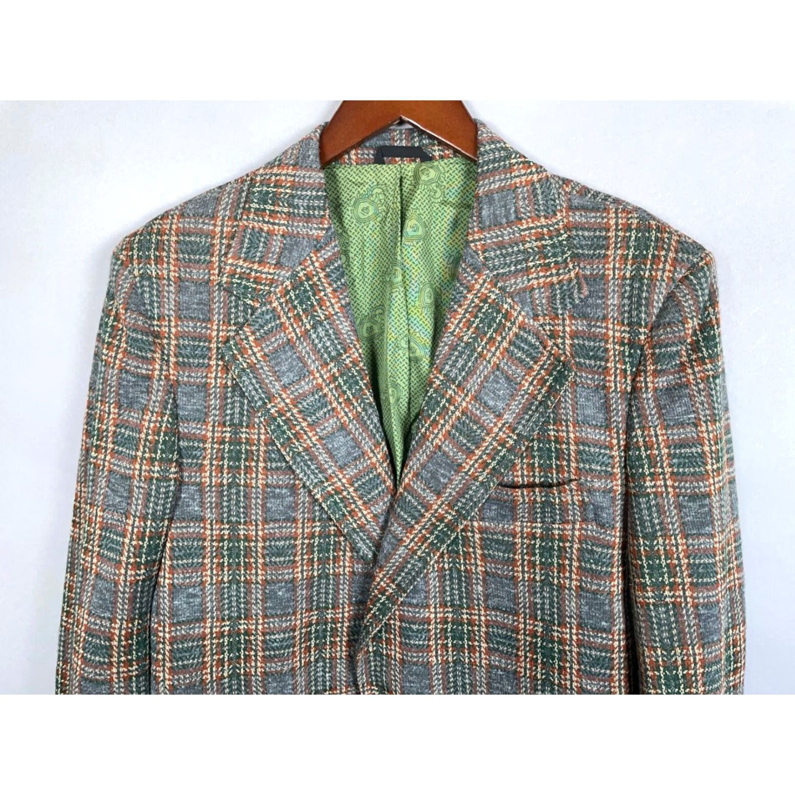 Vintage VTG 70s Plaid Pattern Leisure Suit Jacket Men's 39 Long Gray Wide Lapel USA Made Size 40R - 2 Thumbnail
