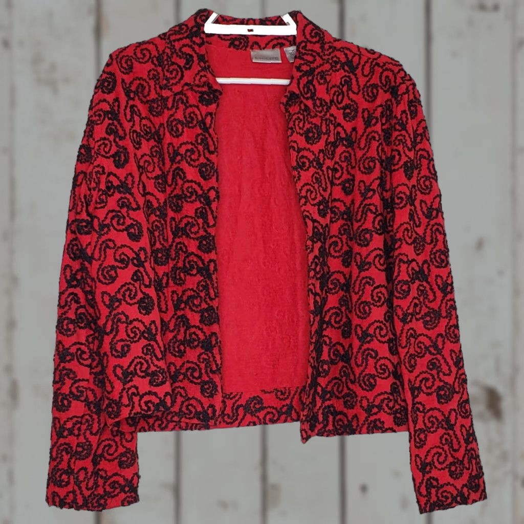 Vintage Chico’s Jacket Womens Size 1 Red Black Embroidery Long Sleeve Collared Open Front Lightweight 100% Rayon Unlined Basic Jacket Blazer Size XS / US 0-2 / IT 36-38 - 1 Thumbnail
