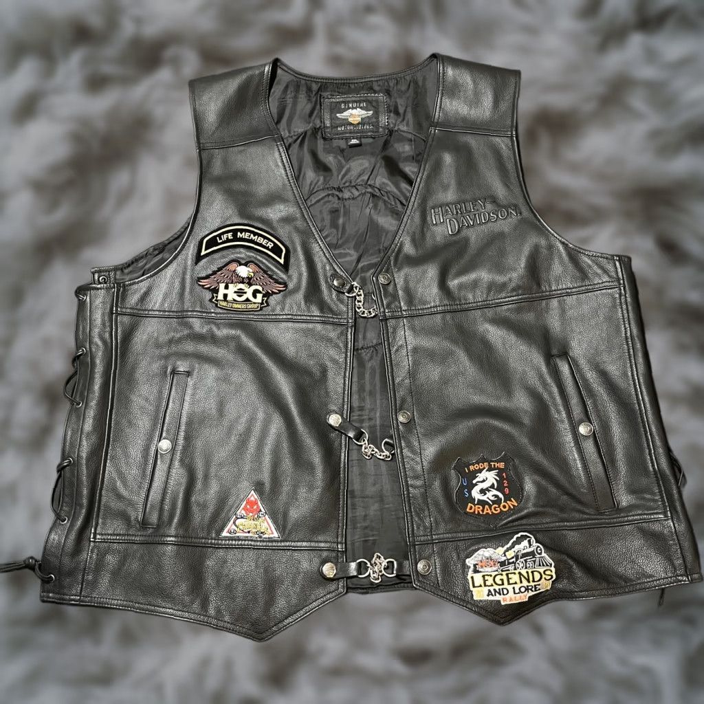 Harley-Davidson Mens Leather Vest Black 3XL Biker Motorcycle Riding Patches HOG Patch Front Snap Lining Polyester Side Lace-up Adjusters Vintage No
