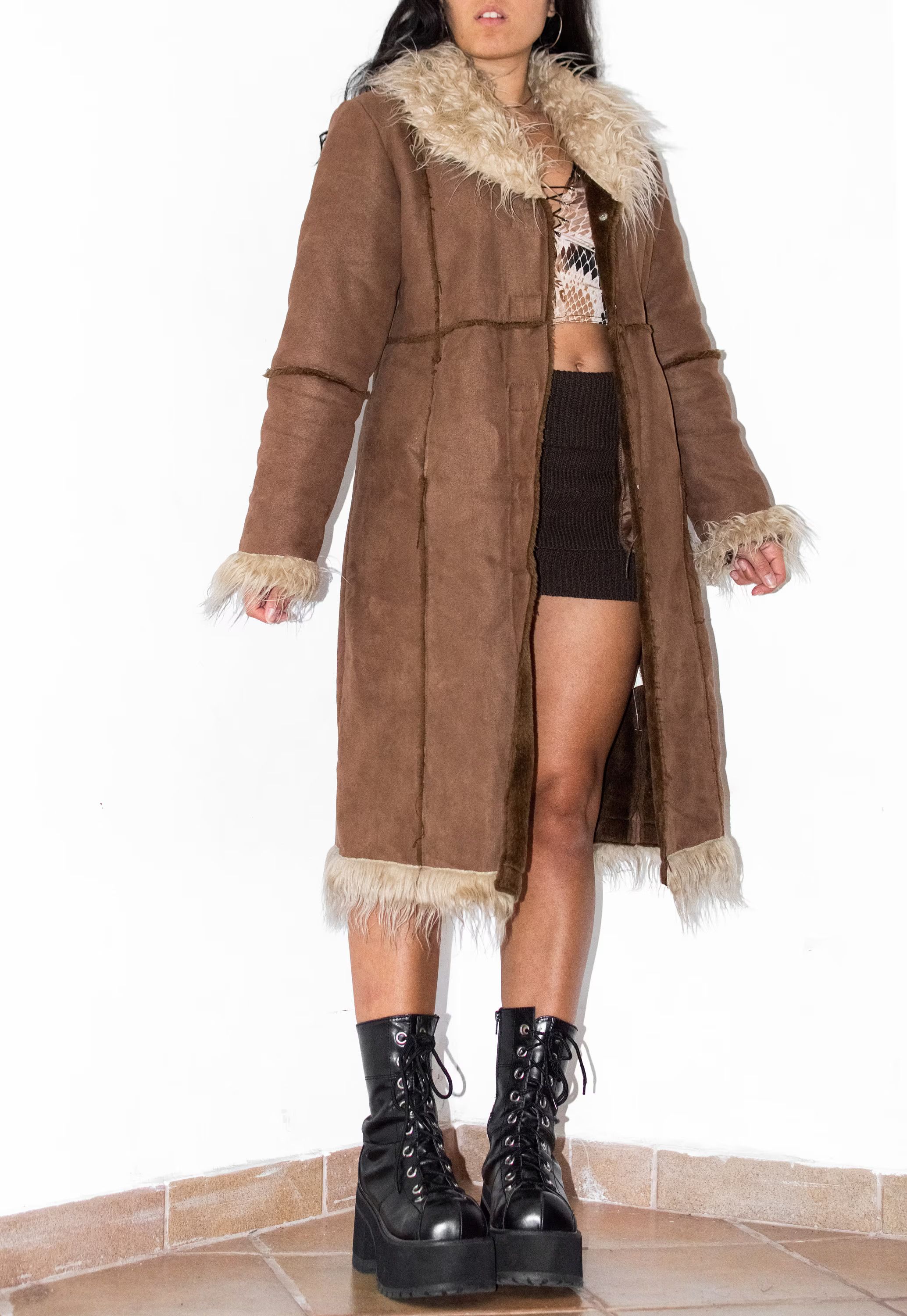 image of Vintage Y2K Fluffy Brown Faux Fur Trim Coat - Boho Afghan Coat, Women's (Size Small)