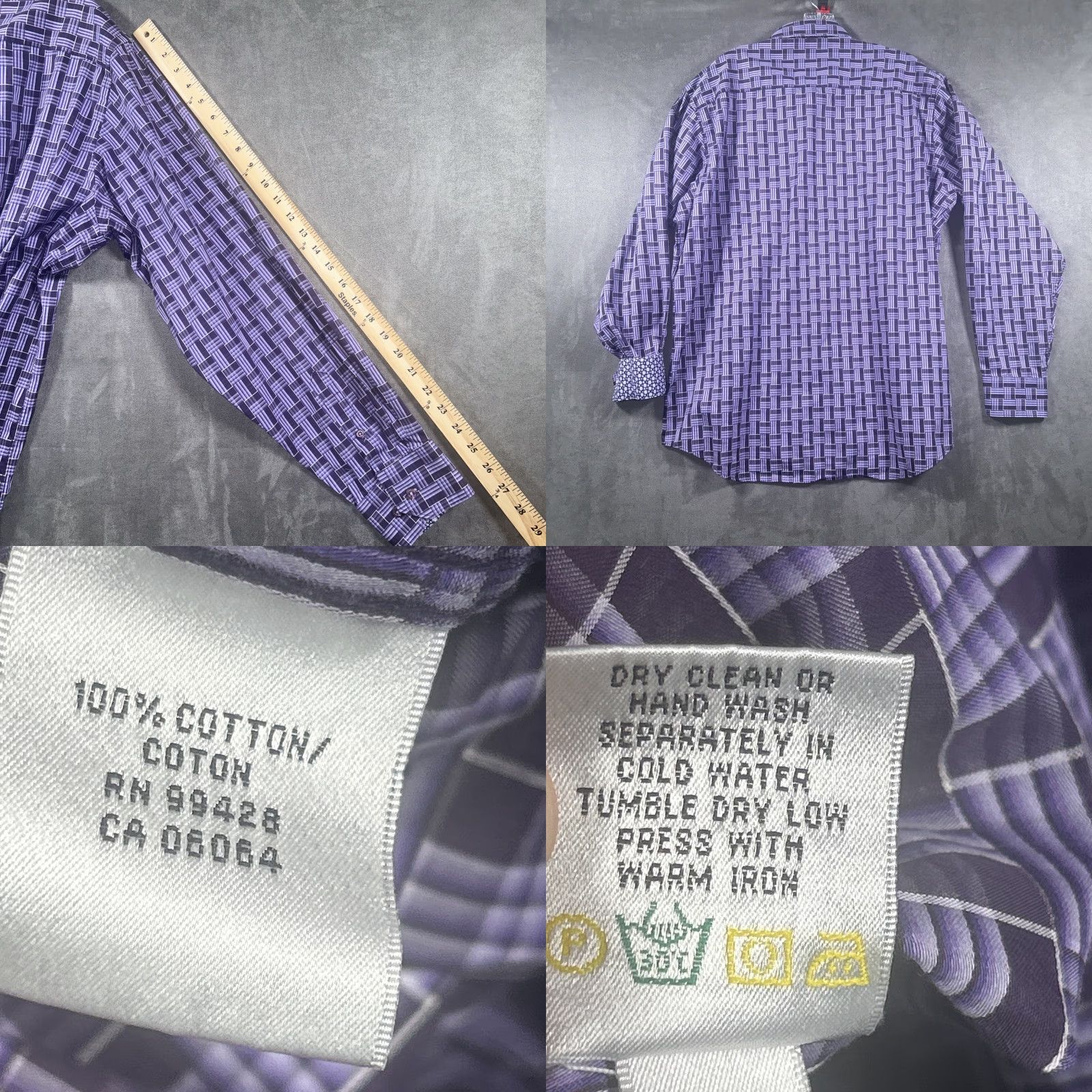 BUGATCHI Bugatchi Uomo Shirt XL Purple Cotton Long Sleeve Button-Up Flip Cuff Geometric Mens Size US XL / EU 56 / 4 - 9 Thumbnail