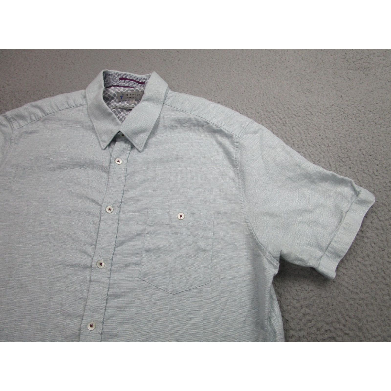 Ted Baker TED BAKER Shirt Mens XL Light Blue Short Sleeve Button-Up Linen Cotton Blend Size US XL / EU 56 / 4 - 2 Thumbnail