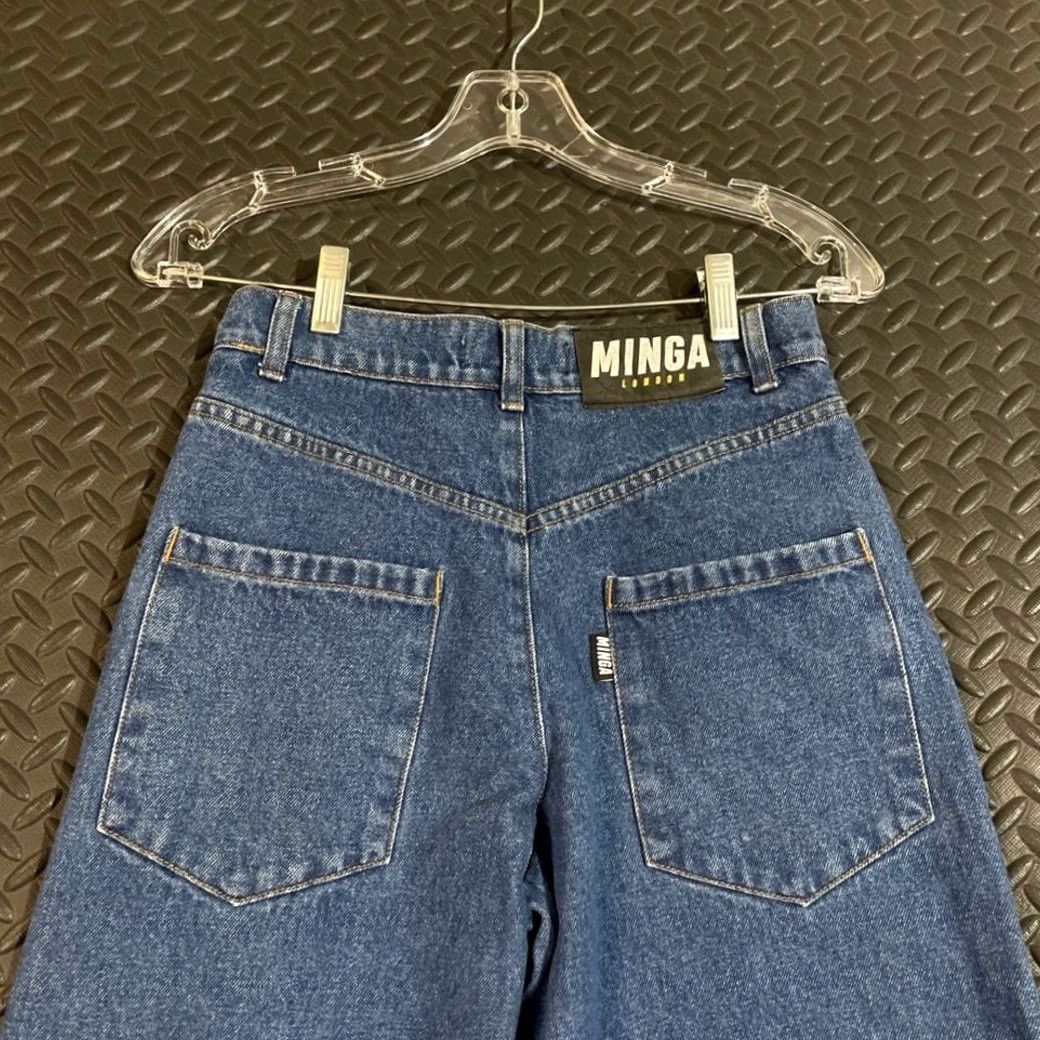 Minga London Minga London Jeans High Waist Wide Leg Blue Smiley Face Knee Patches Raw Hem Denim Women's 24" Size 42" / US 20 - 3 Thumbnail