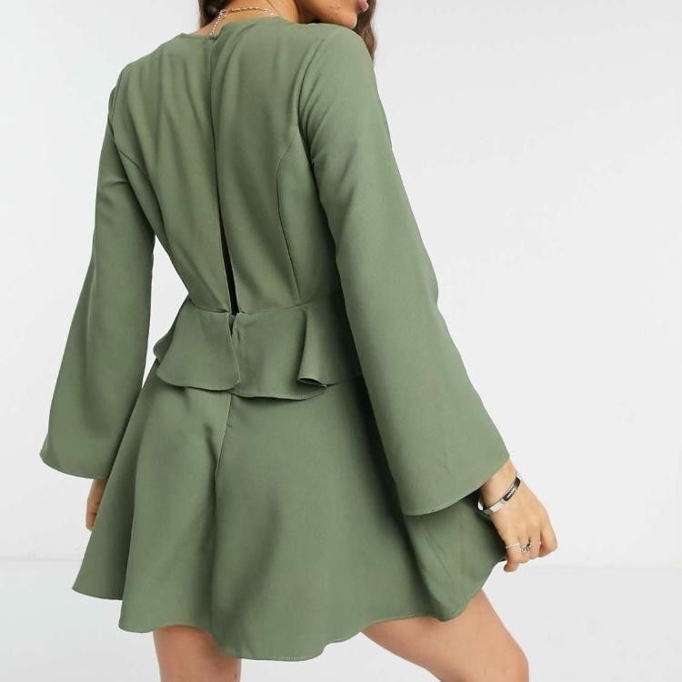 Asos ASOS DESIGN Green Peplum Dress with Bell Sleeves Size XS / US 0-2 / IT 36-38 - 2 Thumbnail