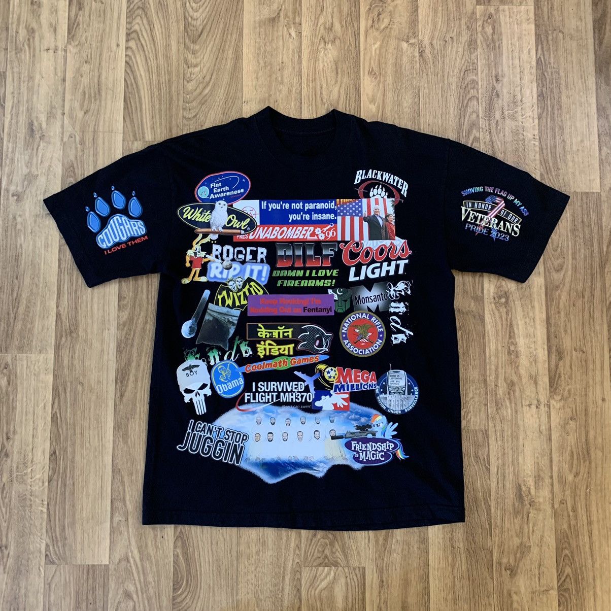 image of Archival Clothing x Avant Garde Ends Repair Dong Feng Bumber Sticker Parody Slogan Tee in Black (Si